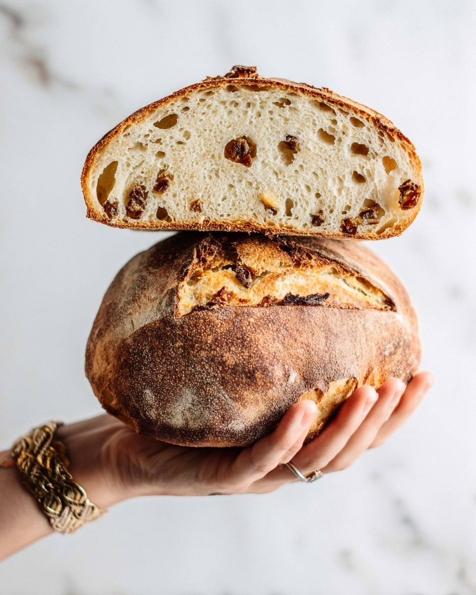 Four slices of rustic bread with golden-brown crust and airy, holey texture are arranged on a wooden board over parchment paper; the bread has darker spots where sun-dried tomatoes are baked inside, showing deep red and brown patches within the soft crumb. A small, round white container with creamy light yellow butter is placed near the bottom, with an old-fashioned butter knife resting across it, smeared lightly with butter. A light gray cloth peeks underneath the container on a white marbled surface. photo taken with an iphone --ar 4:5 --v 7