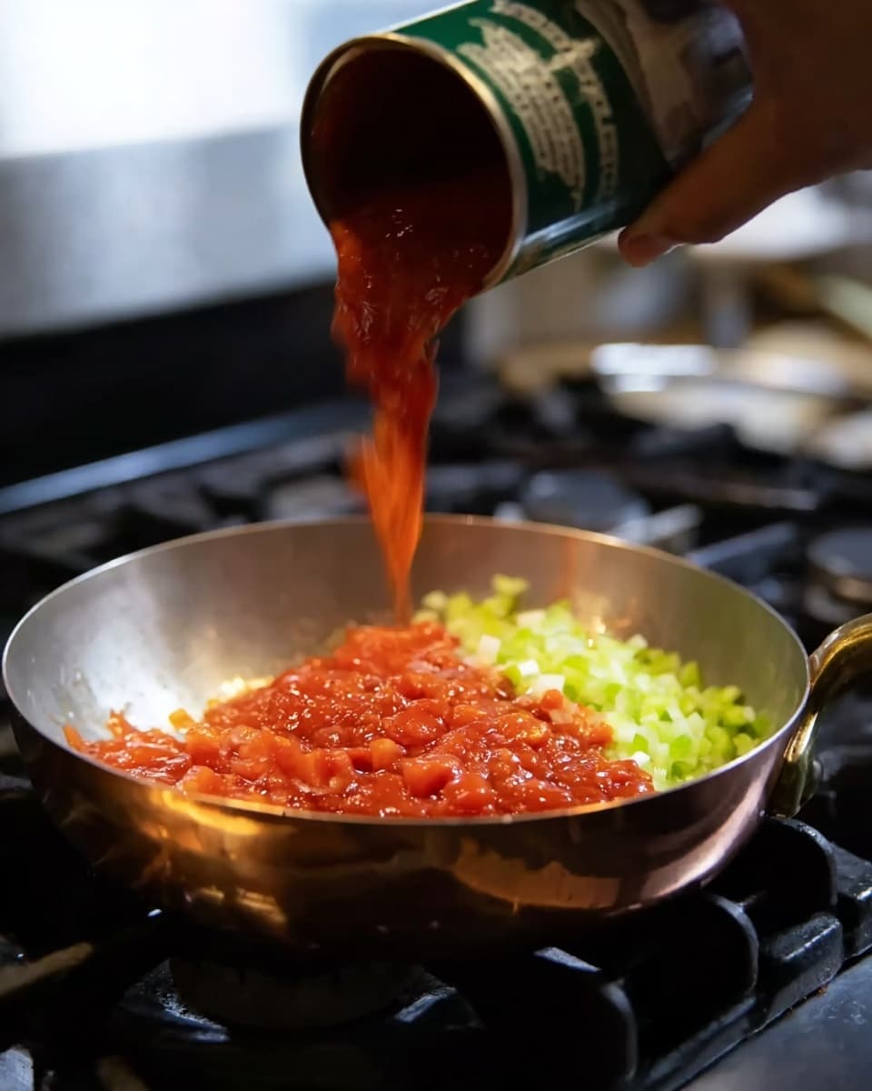 A woman’s hand is pouring bright red tomato sauce with visible chunks of tomato from a can into a copper pan on a stove. Inside the pan, there is a layer of finely chopped pale green celery spread evenly at the bottom. The copper pan is shiny with a curved handle and sits on a black stove burner, with the background softly blurred. The scene captures the moment the sauce is flowing down, mixing with the celery in the pan. photo taken with an iphone --ar 4:5 --v 7