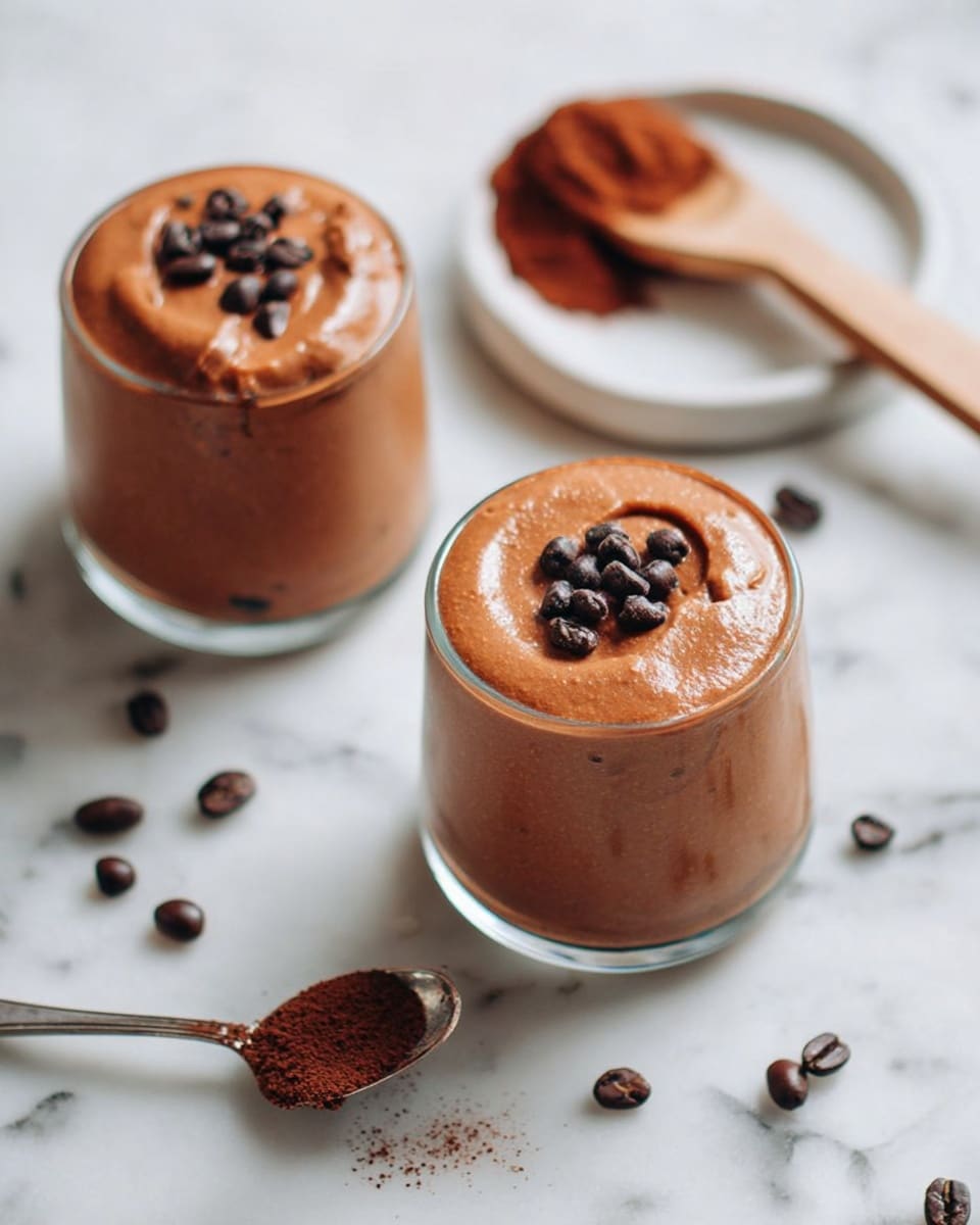 Two small clear glasses are filled with thick, smooth brown mousse, each topped with a few dark brown cacao nibs scattered on the surface. The glasses are placed on a white marbled surface. Nearby, there is a small white plate holding a wooden scoop filled with cocoa powder and a few more cacao nibs. A silver spoon with some mousse on it lies on the surface in the foreground. Dark brown coffee beans are scattered around the scene. The photo is taken with an iphone --ar 4:5 --v 7