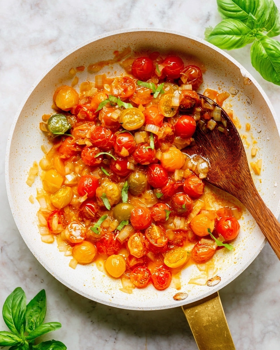 A white pan holds a colorful mix of cooked cherry tomatoes and chopped onions. The cherry tomatoes are halved and whole, showing bright red, yellow, orange, and some green shades, all softened with a shiny, cooked texture. Diced onions are scattered evenly, adding lighter creamy white pieces mixed in with the tomatoes. A wooden spoon with a smooth texture rests inside the pan on the right side, partially covered in tomato and onion sauce. The white pan has a golden handle, and the whole setup is on a white marbled surface with fresh basil leaves placed nearby. Photo taken with an iphone --ar 4:5 --v 7