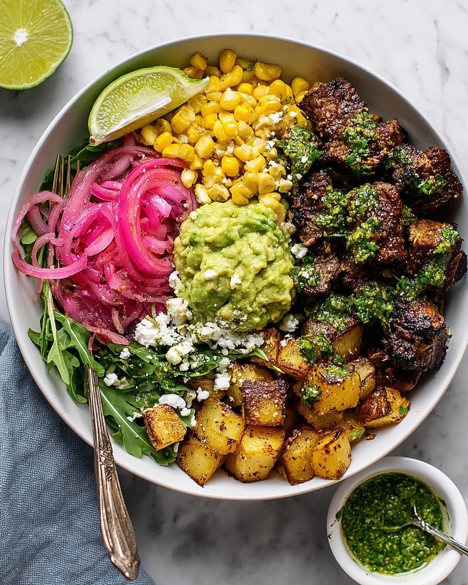 A white bowl filled with several colorful layers starting with golden-brown roasted potato cubes at the bottom right, topped with grilled dark brown meat pieces that have green herb sauce on them. To the left of the potatoes, a bright green scoop of chunky guacamole sits next to a mix of yellow corn kernels and chopped red onion. Above the guacamole and corn, there is fresh green arugula and a wedge of lime tucked in at the top edge. Bright pink pickled onions sit in the center, sprinkled lightly with white crumbly cheese. The bowl rests on a white marbled surface with a silver fork placed inside on the potato side, alongside another small white bowl containing more green herb sauce with a spoon. Photo taken with an iphone --ar 4:5 --v 7