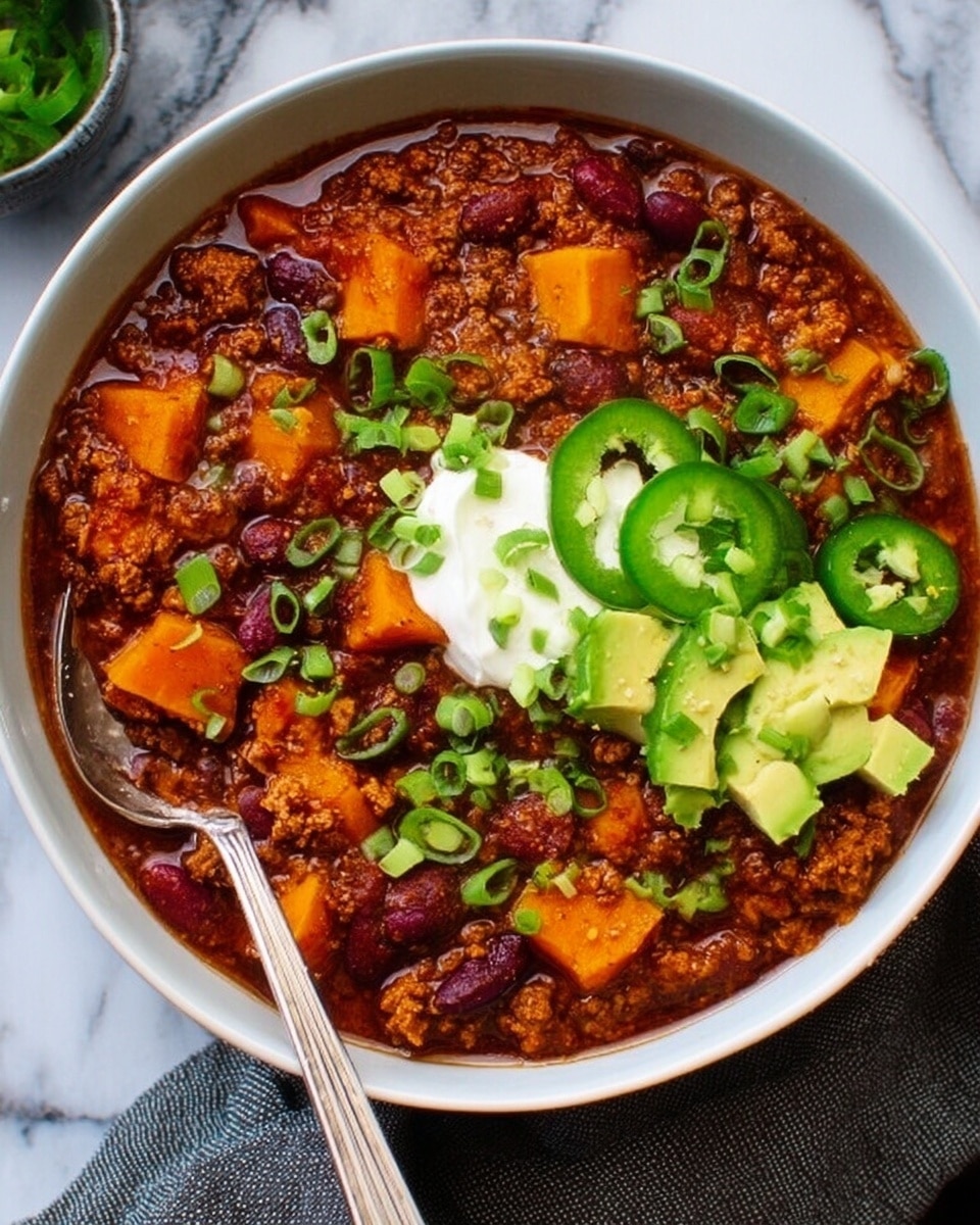 A white bowl filled with a rich chili dish showing three main layers. The base layer is a thick, dark reddish-brown chili with visible soft pieces of orange sweet potato and dark red kidney beans mixed with cooked ground meat. On top of this base, there is a dollop of white sour cream in the center, surrounded by toppings including thin green slices of jalapeno pepper, light green avocado slices to one side, and finely chopped green onions scattered around. A silver spoon rests on the bottom left side inside the bowl. The background is a white marbled surface with a grey cloth napkin under the side of the bowl. photo taken with an iphone --ar 4:5 --v 7