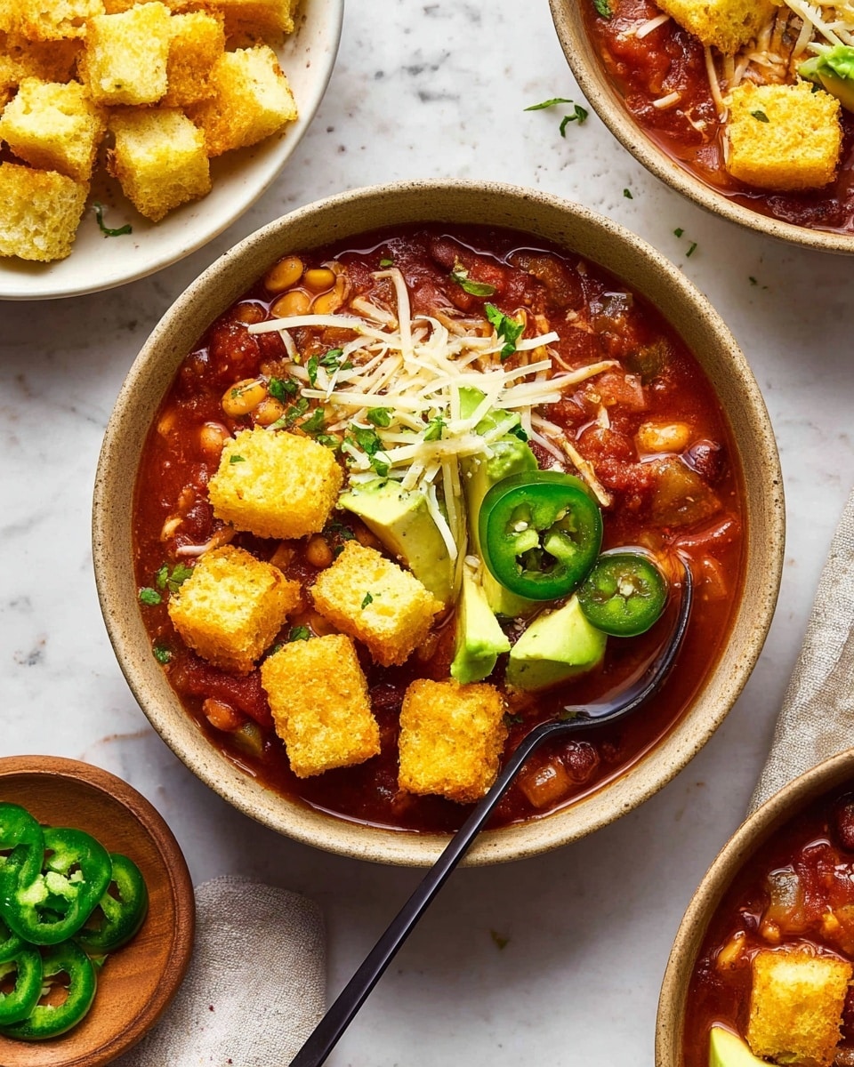 The image shows a white bowl filled with thick chili that has red beans, diced tomatoes, and pieces of yellow bell pepper visible in the rich reddish-brown sauce. On top of the chili, on the right side, there is a small pile of white shredded cheese and sliced green jalapeños with seeds showing. Near the center and left side of the bowl are four golden yellow cornbread cubes, and to the left of these cubes are thin slices of bright green avocado laid out in a fan shape. The bowl is on a white marbled surface, with another similar bowl partly visible in the background and a small wooden bowl with sliced jalapeños in the upper right corner. The photo taken with an iphone --ar 4:5 --v 7
