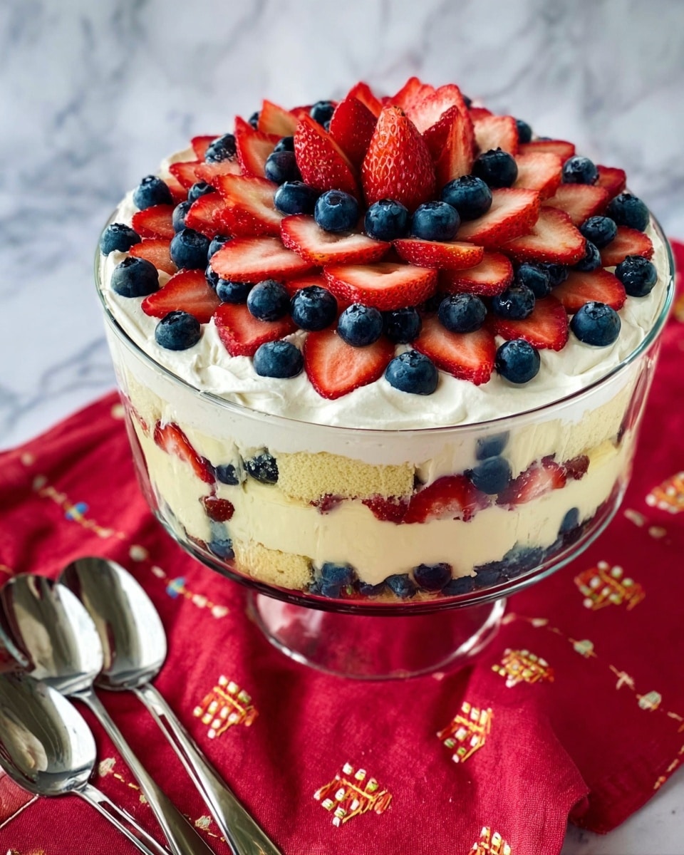 A clear glass bowl filled with a layered dessert sits on a white marbled surface with a red cloth beneath it. The dessert has three visible layers: a bottom layer of cut strawberries around the bowl’s sides, a middle creamy white layer, and a top layer with fresh blueberries forming a ring around the edge, followed by a ring of sliced strawberries inside that, and a pile of whole strawberries in the middle. The fruit colors are bright red and blue, contrasting with the smooth white cream. Two silver spoons rest beside the bowl. Photo taken with an iphone --ar 4:5 --v 7