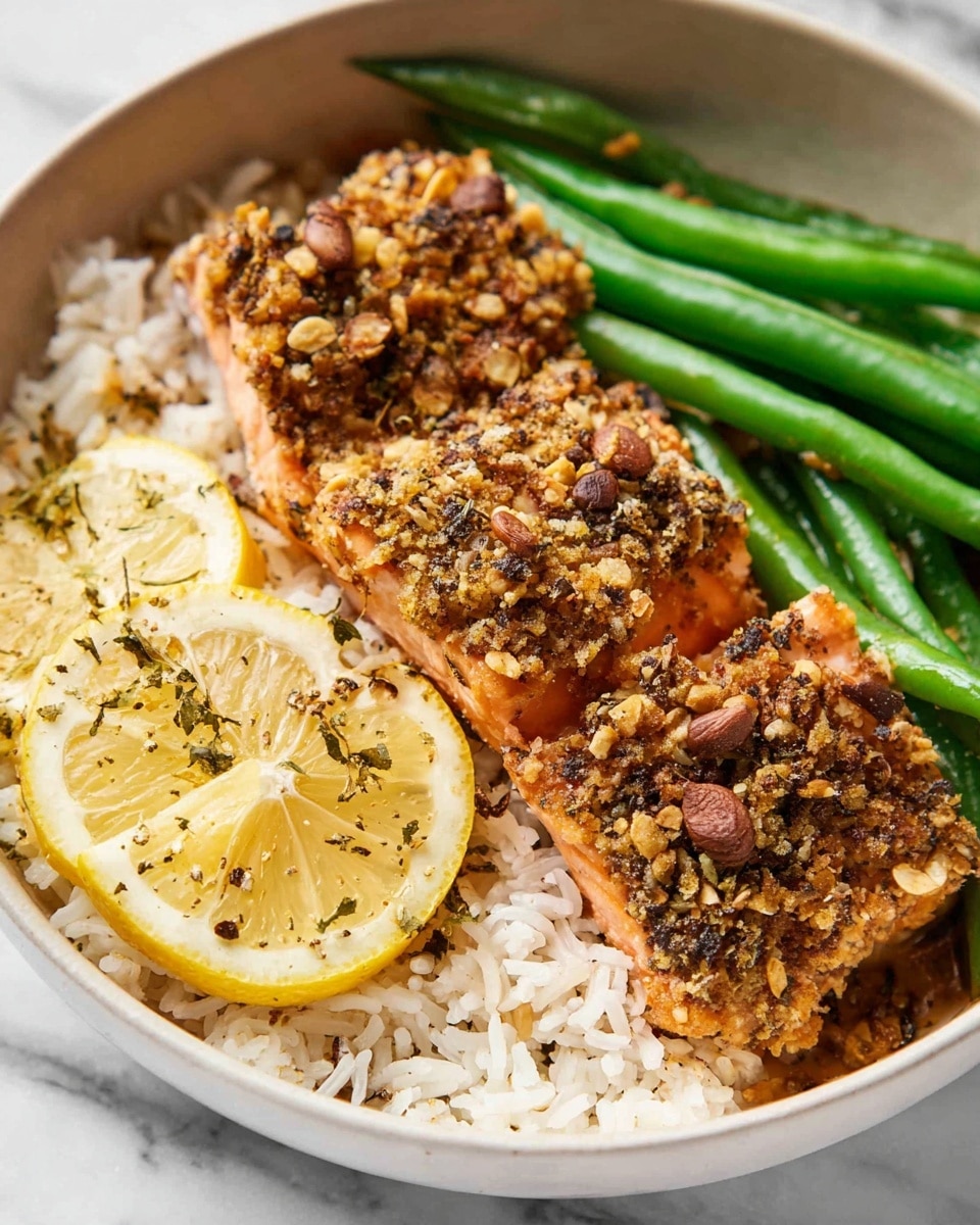 A white bowl with a yellow-brown rim holds a meal with three main layers: at the bottom is a bed of light brown rice, to the right is a bunch of bright green cooked green beans with a slight shine, and to the left is a piece of fish topped with a dark green and brown crunchy nut crust. Three thin lemon slices with black pepper are placed on the rice near the fish. A silver fork is picking at the fish, showing pink inner layers. The bowl sits on a white marbled surface with scattered pistachio shells and nuts, and fresh parsley leaves visible around it. Photo taken with an iphone --ar 4:5 --v 7