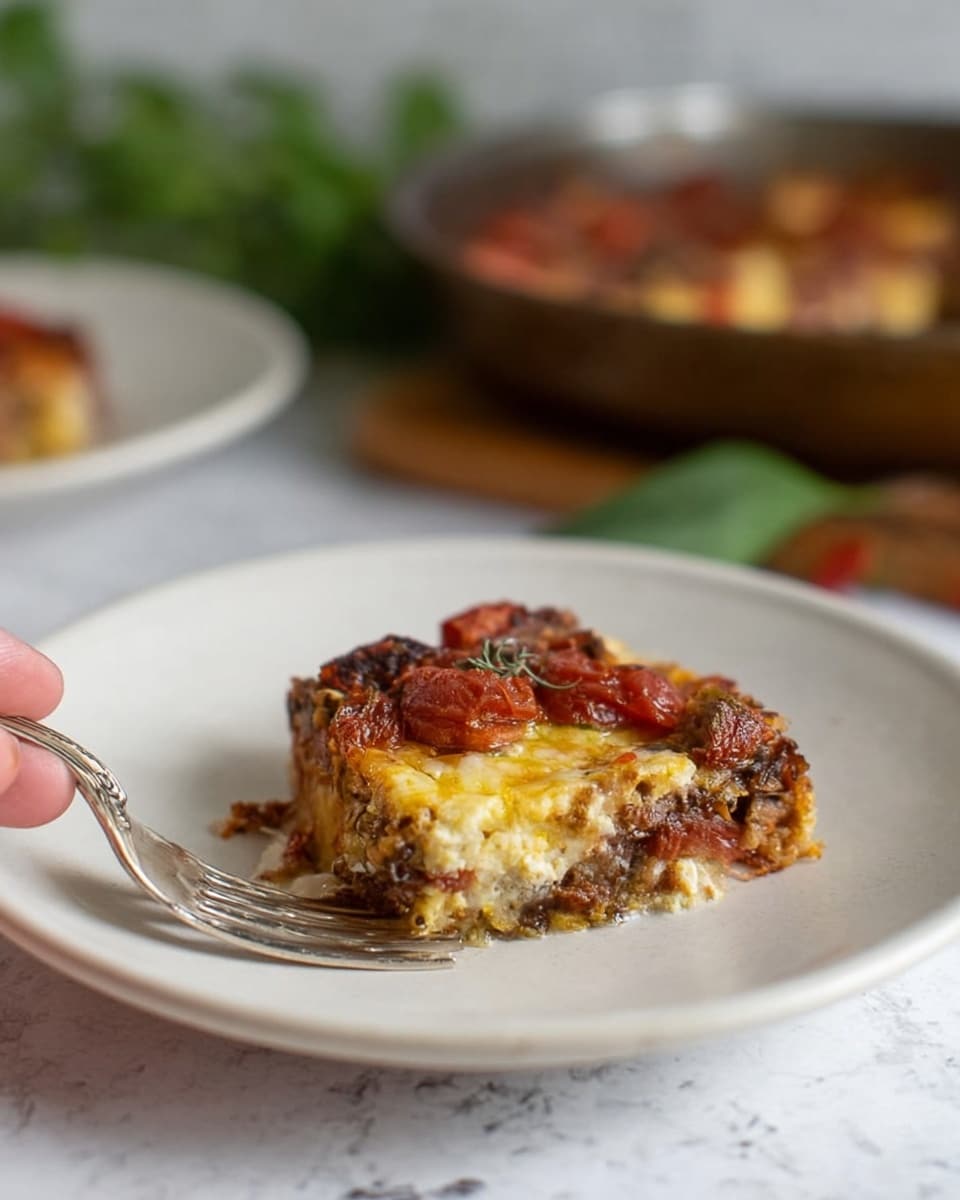 The image shows a white plate with one piece of a baked dish that has three visible layers: the bottom layer is a mix of dark brown and lighter brown colors with a slightly rough texture, the middle layer is creamy yellow with some browned spots, and the top layer is a rich red with chunks of tomato and bits of browned cheese. On the upper left side, a woman's hand is holding a silver fork resting next to the plate. The background has a white marbled texture with a blurred brown pan and some green leaves in the distance. Photo taken with an iphone --ar 4:5 --v 7