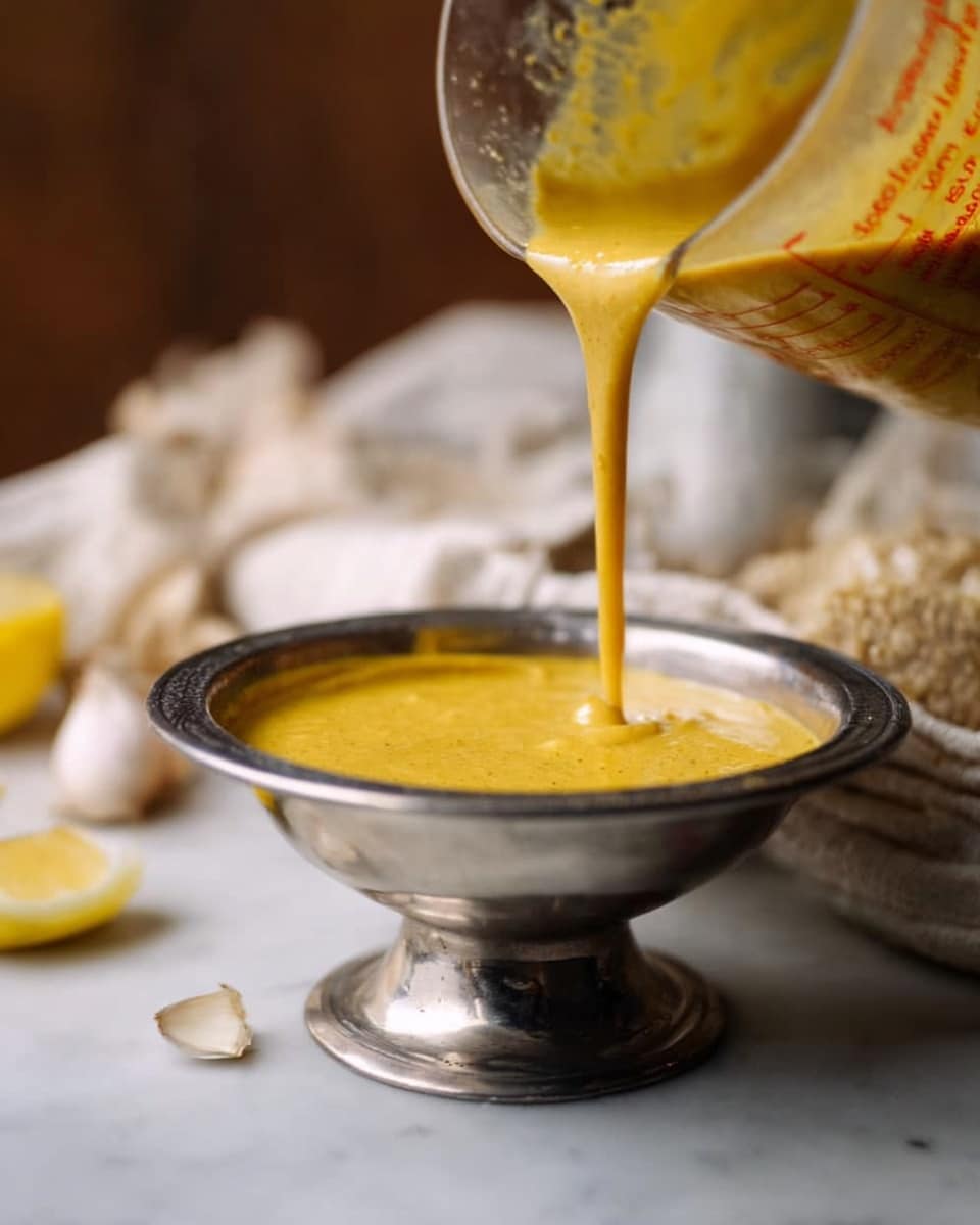 A silver bowl sits on a white marbled surface, filled with a thick mustard-yellow liquid that is being gently poured from a clear measuring cup above it. The liquid has a smooth texture with small bits visible, and it flows down in a slow, curved stream into the bowl. Around the bowl, the background shows soft focus objects including a lemon wedge to the left, some white garlic cloves on a cloth, and other kitchen items, all resting gently on the white marbled surface. The lighting is soft and warm, highlighting the rich color of the liquid and creating a cozy kitchen feel photo taken with an iphone --ar 4:5 --v 7