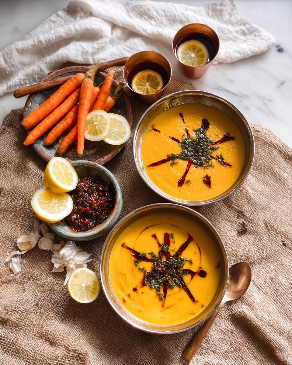 The image shows two bowls of thick yellow soup with smooth texture, each bowl having a drizzle of dark red oil and bits of herbs on top, arranged in a star-like pattern. A smaller white bowl holds a dark sauce with green herbs floating on the surface, giving it a chunky texture. Around the bowls are a wooden garlic press, a small plate with whole garlic bulbs, a brown cup with a lemon slice inside, and three fresh carrots with orange and pale hues. A lemon cut in half and a whole lemon sit on a white marbled surface covered with beige fabric and a white lace cloth. Some silverware and a white cloth napkin add softness. Woman's hand holds a spoon near the cup. The lighting is warm and natural. photo taken with an iphone --ar 4:5 --v 7