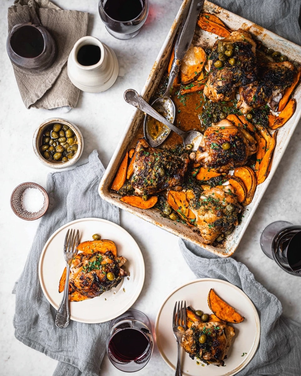 A white baking tray filled with roasted chicken thighs and orange sweet potato wedges scattered around, topped with green herbs and small green olives; the chicken has a golden brown color with some darker charred bits and a spoon rests on the tray. Around the tray are three small white plates, each holding a single chicken thigh on a layer of orange sweet potato wedges, with olives and herbs on top, and a silver fork placed on the edges of each plate. Two clear glasses hold deep red wine, and small bowls contain capers and salt. A gray cloth napkin is casually placed on a white marbled surface underneath the plates, accompanied by a small white jug and dark ceramic vessel. Photo taken with an iphone --ar 4:5 --v 7