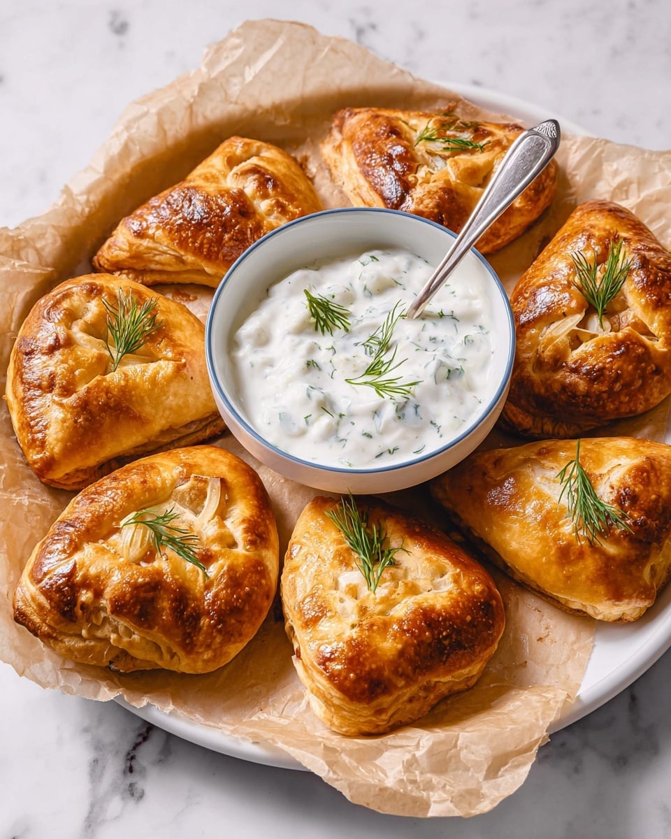 A white plate with crumpled light brown paper holds seven golden-brown puff pastries with a shiny crust. Each pastry is shaped like a triangle with rounded corners and has a creamy white filling topped with thin onion slices, visible through the open center. In the middle of the plate is a white bowl with a thin blue rim, filled with white yogurt or sauce mixed with green herbs and garnished with two small sprigs of fresh dill. A silver spoon rests inside the bowl. The plate sits on a white marbled surface. photo taken with an iphone --ar 4:5 --v 7