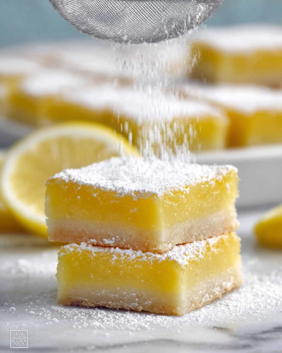 A close-up of yellow lemon bars stacked in two layers; the bottom layer is a light golden crumbly crust with a slightly rough texture, topped by a smooth, thick, vibrant yellow lemon filling layer; a woman's hand with purple nail polish is holding one lemon bar above the stack, showing both layers clearly; the bars are dusted lightly with white powdered sugar, and the background has a soft blurred mix of pastel blue and green with a lemon slice faintly visible; all is placed on a white marbled surface photo taken with an iphone --ar 4:5 --v 7
