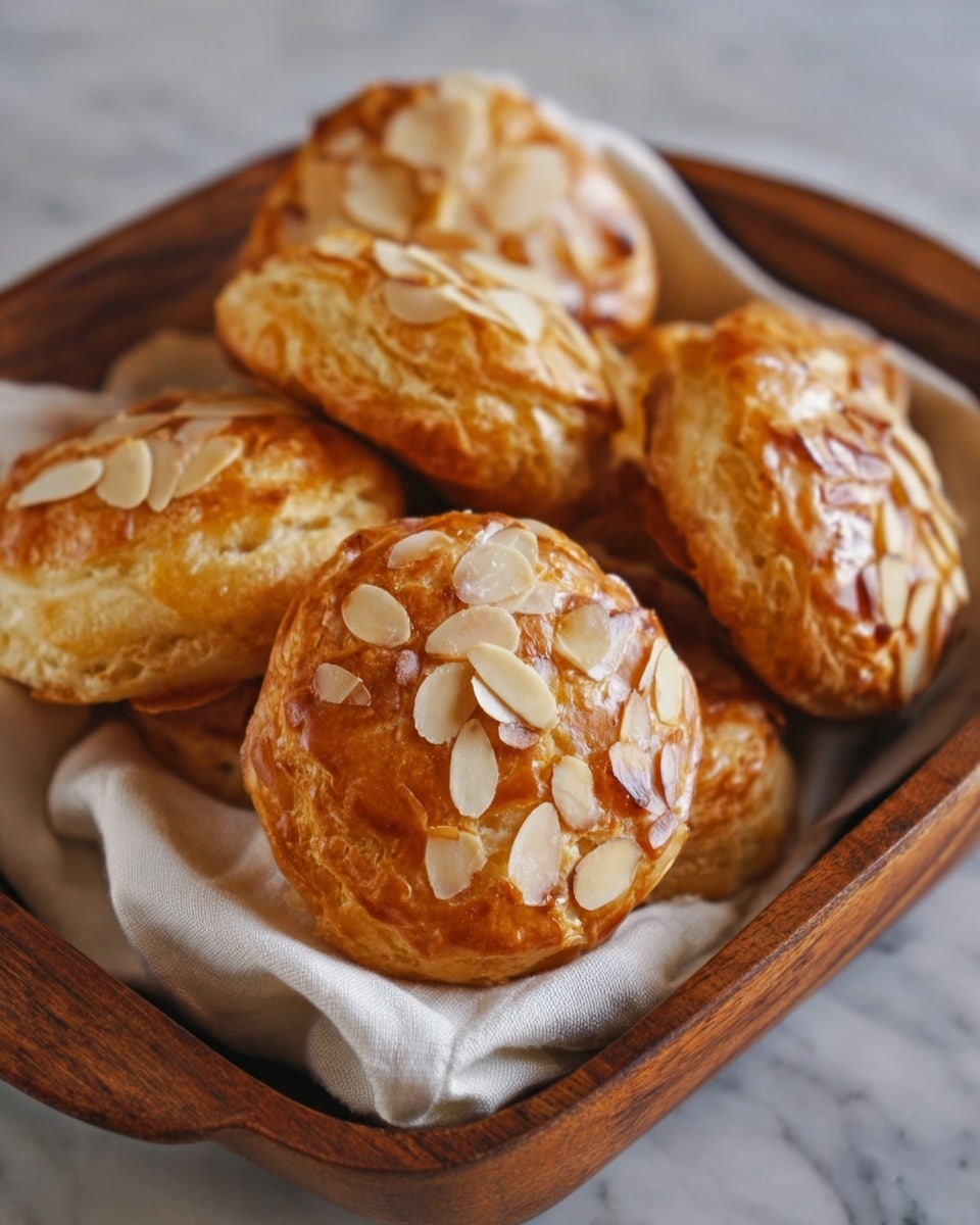 The image shows a wooden tray with a white cloth holding several golden-brown round pastries topped with thin almond slices. The pastries have a shiny, flaky crust with a slightly puffed texture and are stacked slightly overlapping each other. The wooden tray rests on a white marbled surface. photo taken with an iphone --ar 4:5 --v 7