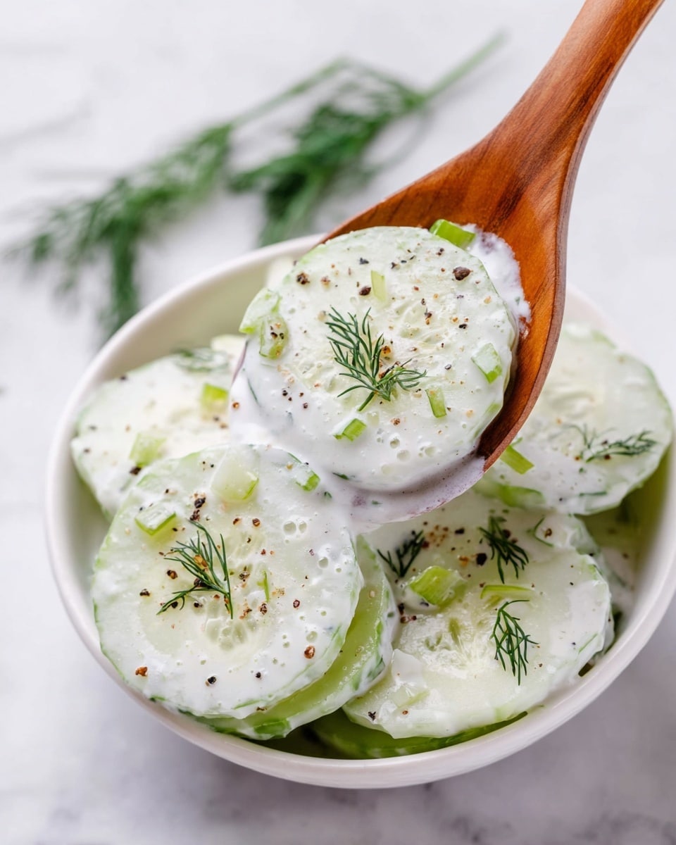 A white bowl filled with thinly sliced cucumber pieces covered in a creamy white sauce, sprinkled with small black pepper flakes and garnished with fresh green dill sprigs. The bowl sits on a white marbled surface, with a blurred wooden cutting board holding more cucumber slices in the background, along with a white container and fresh dill. The overall look is fresh and light with a simple color palette of green, white, and black. Photo taken with an iphone --ar 4:5 --v 7