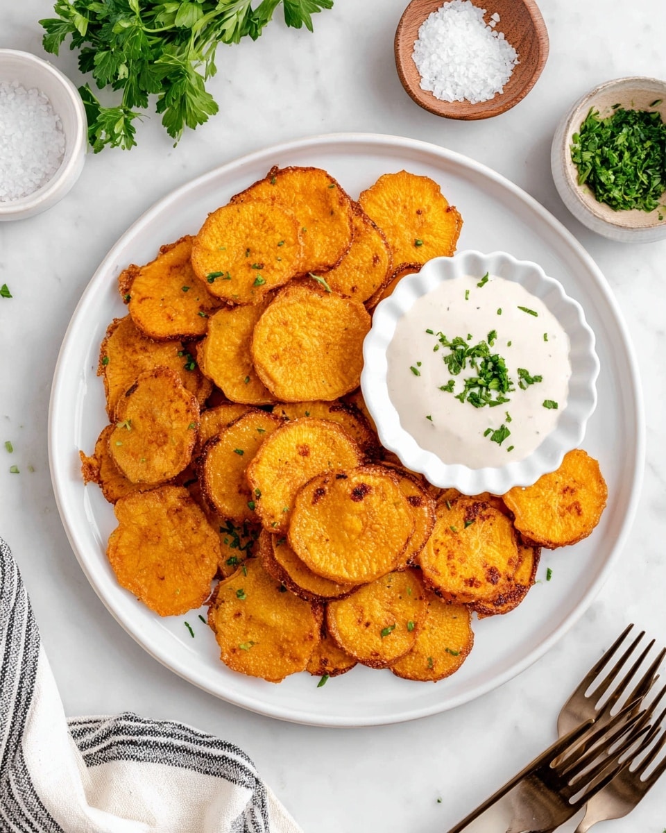 A white plate holds a neat pile of golden-brown sweet potato rounds, each slice showing a slightly crispy, caramelized edge with a soft, warm orange center, lightly sprinkled with seasoning. On the top left of the plate sits a small white scalloped bowl filled with creamy white dipping sauce, topped with small green herb bits. The plate is placed on a white marbled textured surface surrounded by small bowls of green herbs and coarse salt, with two copper forks visible on the right side. Photo taken with an iphone --ar 4:5 --v 7