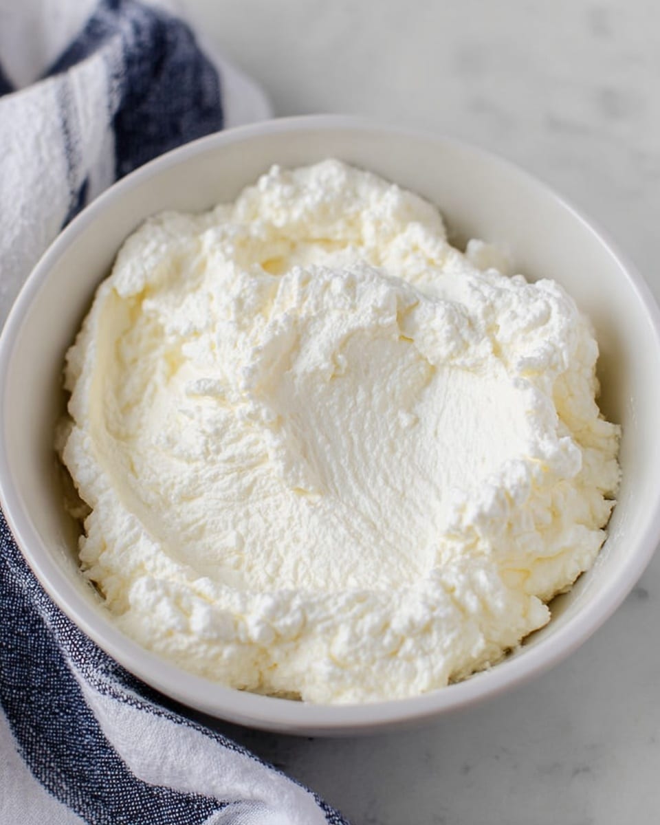 A white bowl filled with a thick, creamy white mixture with a soft and slightly grainy texture. The surface looks uneven, with small ridges and bumps across the whole top. The bowl is set on a white marbled surface with a blue and white striped cloth nearby. The lighting is soft, highlighting the smooth and fresh appearance of the mixture. photo taken with an iphone --ar 4:5 --v 7