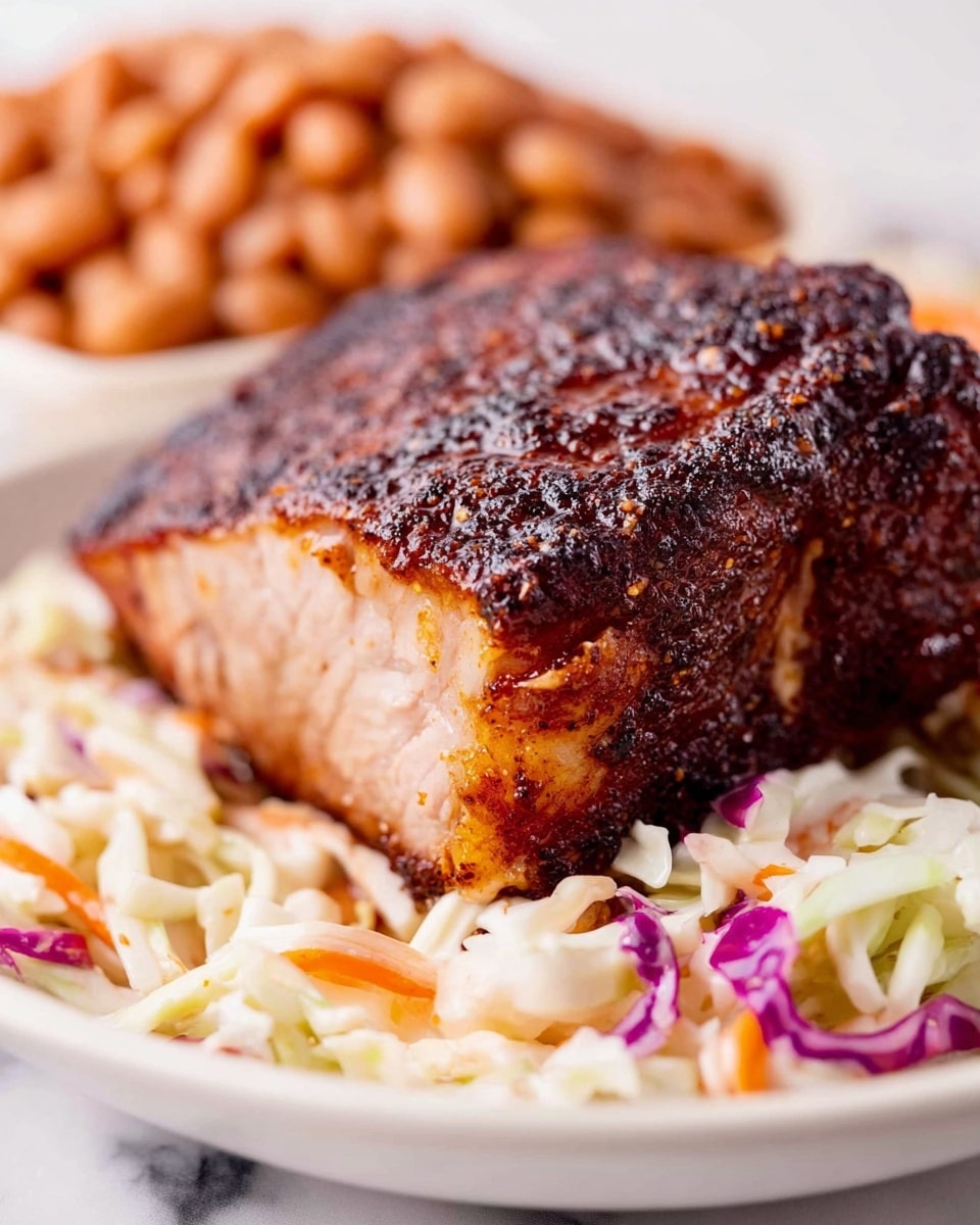 A close-up view of a thick piece of cooked meat with a dark, spicy crust on top, showing a moist, light pink inside, placed on a white plate. Beneath the meat is a layer of coleslaw made of shredded white cabbage, orange carrot strips, and small bits of purple cabbage, with a creamy texture. Surrounding the meat and coleslaw, there is a layer of small, light brown baked beans filling the rest of the plate. The surface underneath is a white marbled texture. Photo taken with an iphone --ar 4:5 --v 7