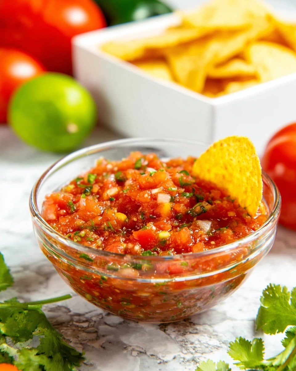 A clear glass bowl filled with bright red salsa mixed with small bits of green cilantro and orange-red tomato pieces, giving it a chunky and fresh texture. A single yellow tortilla chip is standing upright in the salsa on the right side of the bowl. In the background, a white plate holds several yellow tortilla chips along with a white square bowl of red salsa. Fresh green cilantro leaves and a whole green lime are placed in the foreground on a white marbled surface, while whole red tomatoes and green peppers are softly blurred in the background. Photo taken with an iphone --ar 4:5 --v 7