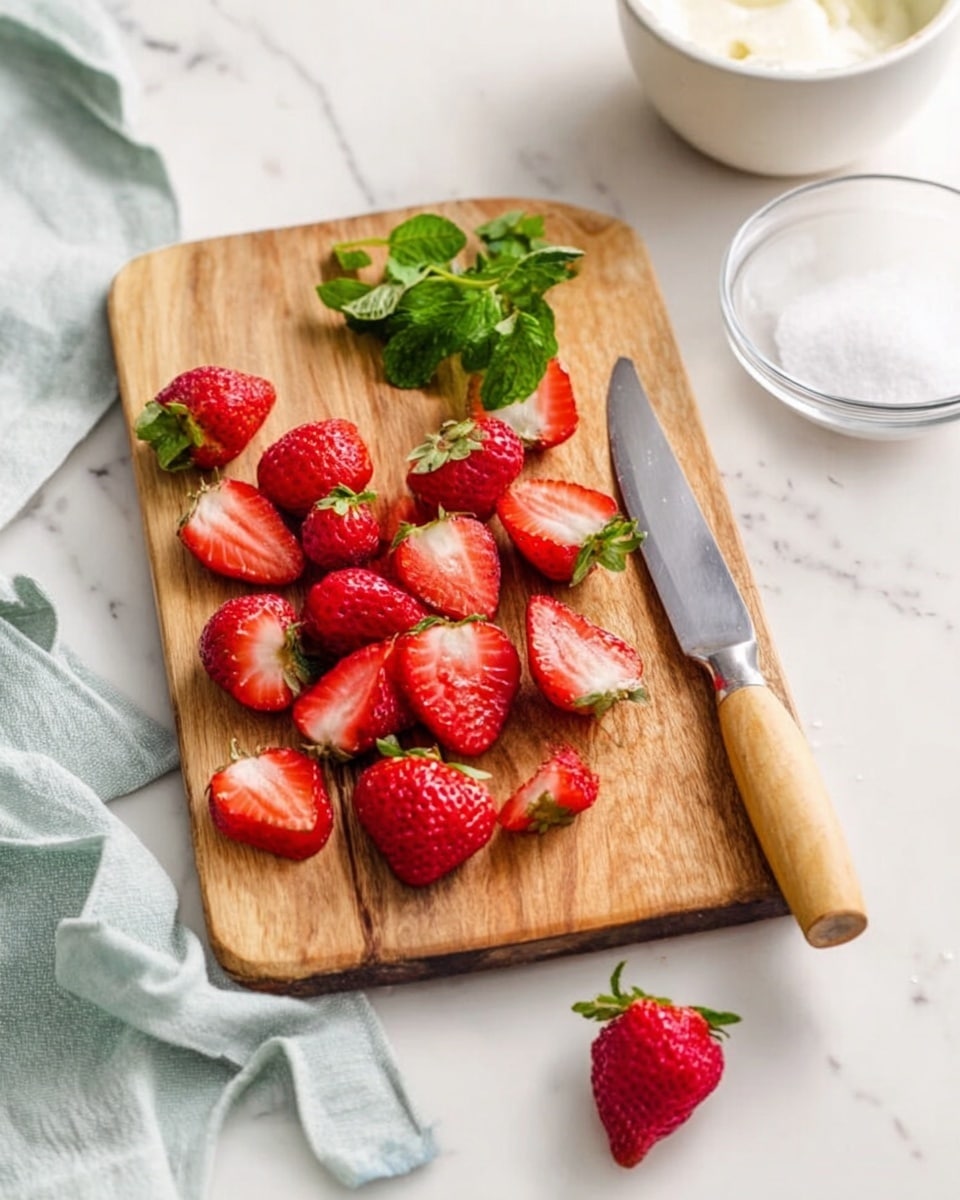 The image shows a wooden cutting board placed on a white marbled surface with several bright red strawberries, some whole and some sliced, scattered on it. A knife with a light wooden handle rests on the board near a small pile of green strawberry leaves. In the background, there is a white bowl with a white creamy substance and a clear glass bowl with white sugar. A folded light blue cloth is seen on the left side of the board. The scene is well-lit and clean. photo taken with an iphone --ar 4:5 --v 7