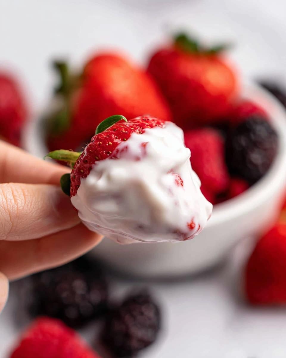 A close-up shows a woman's hand holding one red strawberry covered in thick white yogurt with small red bits, making the yogurt look creamy and smooth on the berry's surface. In the blurred background on a white marbled texture, there is a white bowl filled with whole and halved bright red strawberries, along with some dark purple-black blackberries scattered nearby, adding contrast with their rough texture. The focus is tight on the strawberry dipped in yogurt, showing glossy details of the fruit and creamy layer. Photo taken with an iphone --ar 4:5 --v 7