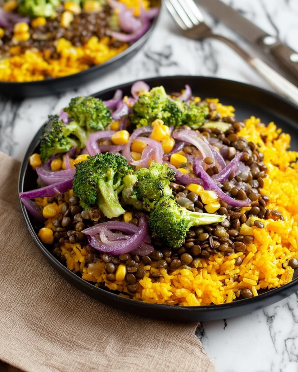 A white frying pan sits on a woven mat over a white marbled texture background, filled with a colorful mix of cooked green broccoli florets, small yellow corn kernels, dark brown lentils, and thin slices of purple onion spread evenly across the pan. Behind the pan, a gray bowl contains a mound of bright orange rice. The colors of the vegetables and lentils create a vibrant and fresh look, contrasting with the light pan and natural textured base. photo taken with an iphone --ar 4:5 --v 7