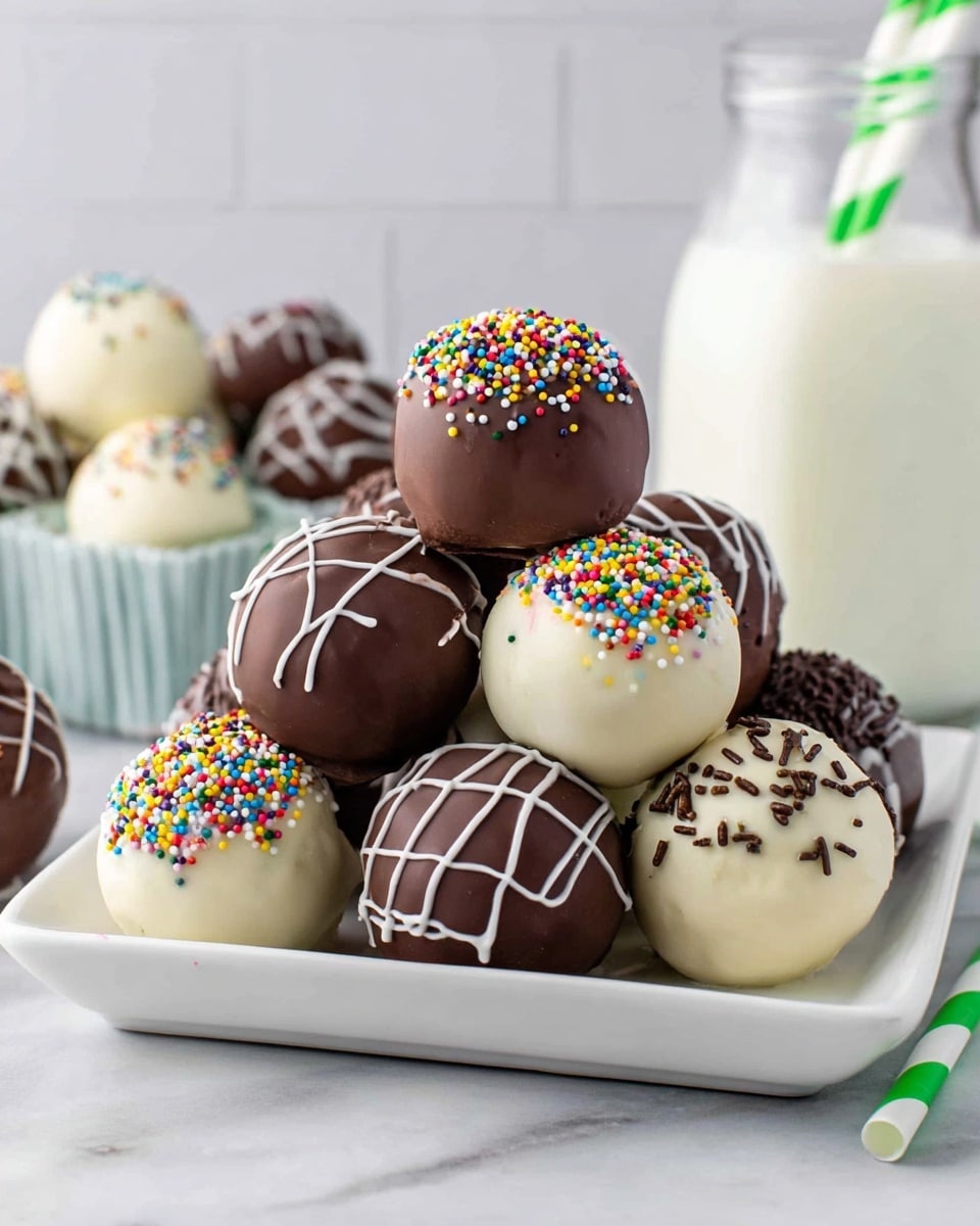 A close-up of a round chocolate cake pop with a rough, dark brown inside layer that looks soft and crumbly, covered by a smooth, shiny milk chocolate outer layer. The chocolate coating is topped with small, round, colorful sprinkles mainly on the top right side, showing bright colors like white, red, blue, green, yellow, pink, and orange. The cake pop is on a white stick that a woman's hand is holding from the bottom left corner, set against a white marbled texture background. Part of a white paper cupcake liner can be seen blurred at the top right and bottom right corners. photo taken with an iphone --ar 4:5 --v 7