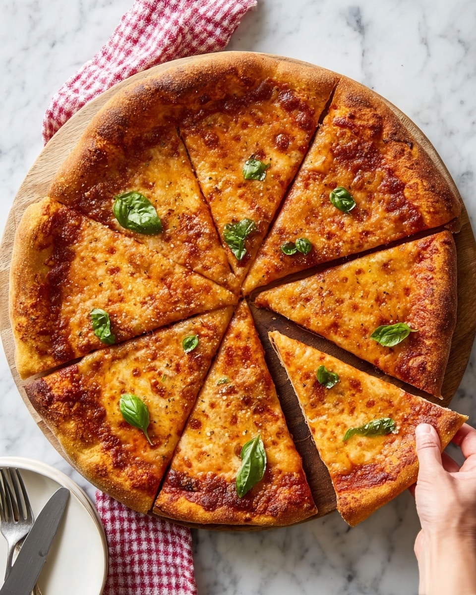 A whole round pizza is shown on a wooden board on a white marbled surface, sliced into eight triangular pieces. The pizza has one thick golden-brown crust around the edges. The base layer is a spread of red tomato sauce, topped with melted light orange cheese that covers the entire inner circle. Small green fresh basil leaves are scattered on top of the cheese in different slices. A woman's hand is lifting one slice from the right side. A white plate with a knife and fork is placed near the bottom left corner, and a red and white checkered cloth is near the top left corner. Photo taken with an iphone --ar 4:5 --v 7