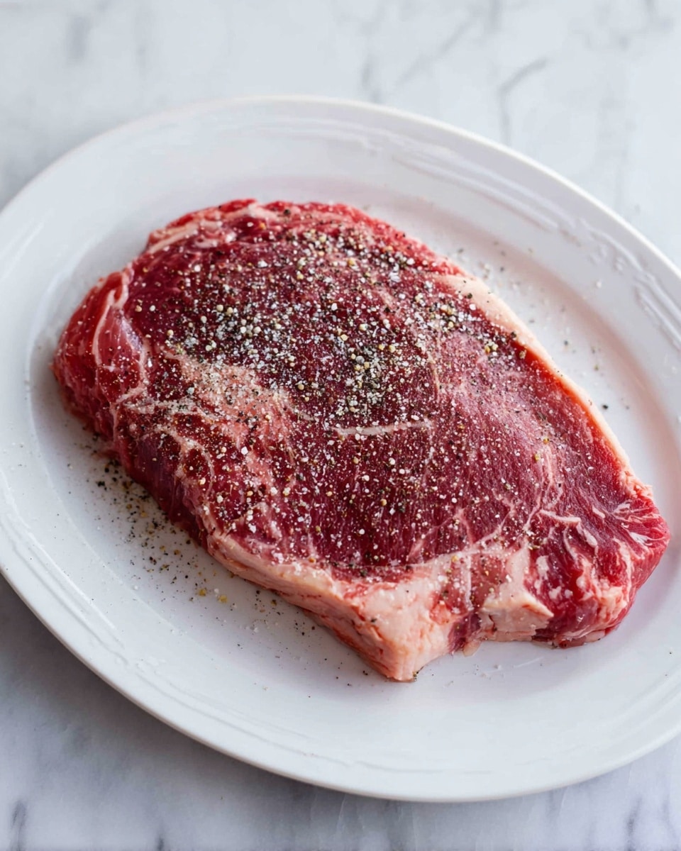 A single raw steak is placed on a white plate with a subtle oval pattern along the edge. The steak shows layers of red meat with white marbling of fat running through it, creating a textured look. The top of the steak is sprinkled with coarse salt and cracked black pepper, adding a speckled effect. The plate sits on a white marbled surface that gives a clean and simple background. photo taken with an iphone --ar 4:5 --v 7