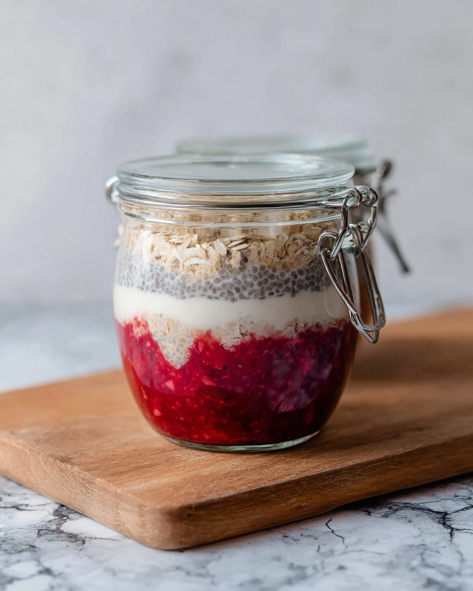 The image shows a clear glass jar with a metal clasp on top, filled with four visible layers. The bottom layer is a bright red berry mix with a thick texture. Above that is a smooth white layer, likely yogurt or cream. The third layer is a light beige oat mix with visible oats and a slightly rough texture. The top layer is a speckled chia seed pudding that looks gel-like and light brown. The jar sits on a wooden board, with a white marbled texture surface in the background. Photo taken with an iphone --ar 4:5 --v 7