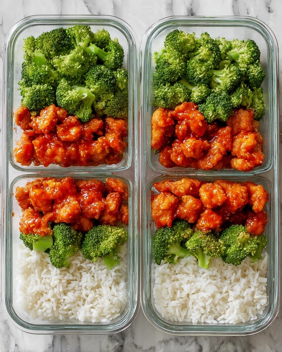 Three glass meal prep containers are arranged side by side on a white marbled surface. Each container is divided into three layers: at the bottom is a layer of white rice with a soft, fluffy texture, taking up about one-third of the space; in the middle sits crispy pieces of fried chicken covered in a bright orange-red sauce, slightly shiny and sticky; on top, fresh green broccoli florets form the final layer, vibrant in color with a textured leafy appearance. The layers are neatly packed and separated within each container. Photo taken with an iphone --ar 4:5 --v 7