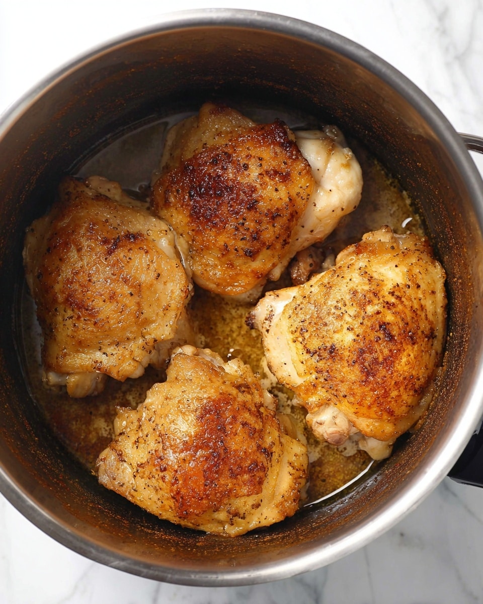 Four golden-brown chicken thighs with crispy skin sit inside a round metal pot. The chicken pieces are evenly spaced, showing a browned and slightly oily surface with seasoning specks. The pot's interior is dark and shiny, with some cooking juices pooling at the bottom. The pot rests on a white marbled surface. photo taken with an iphone --ar 4:5 --v 7