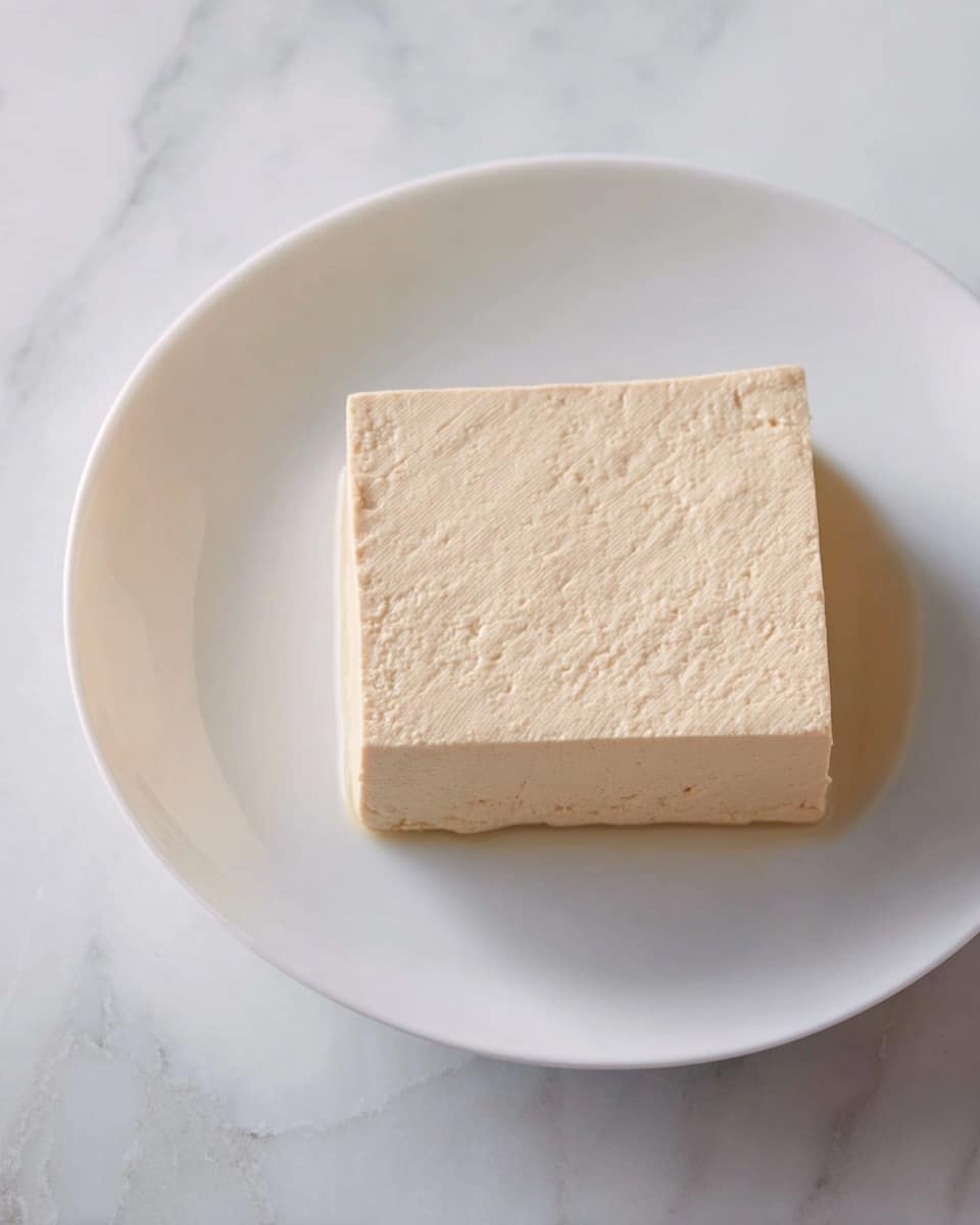 A close-up of a square block of tofu placed in the center of a white round plate, showing its smooth, pale beige surface with slight textural undulations. The plate rests on a white marbled surface, highlighting the tofu’s simple and clean appearance. Photo taken with an iphone --ar 4:5 --v 7