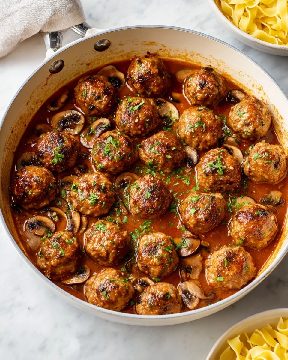 The dish shows a white cooking pan filled with about twenty round meatballs in a rich, reddish-brown sauce. The sauce looks thick and has sliced mushrooms scattered around the meatballs. There is some green herb garnish sprinkled over the top, adding a touch of color contrast. The meatballs have a golden-brown crust, looking tender and juicy. The pan sits on a white marbled surface, and to the lower right corner, there is a glimpse of a white plate holding yellow pasta noodles. Photo taken with an iphone --ar 4:5 --v 7