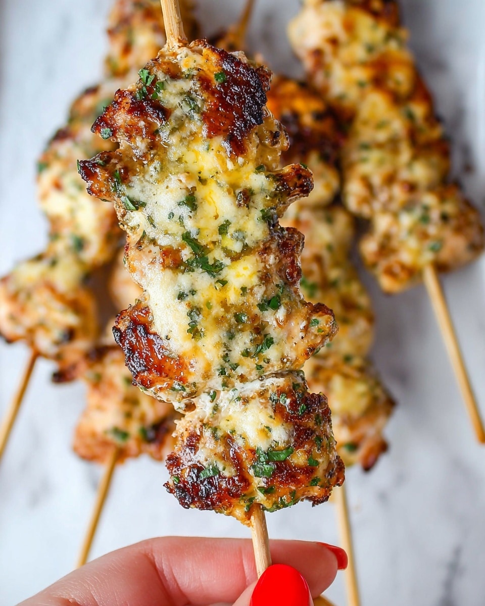A close-up view of a grilled skewer with several pieces of chicken, each piece covered with melted cheese and bits of green herbs. The cheese has a pale yellow and slightly brown, crispy texture, mixed with bright green chopped herbs all over the chicken's golden-brown surface. The chicken pieces look juicy and slightly charred around the edges. A woman's hand with red nail polish holds the wooden skewer from the bottom. The background shows more skewers blurred on a white marbled surface. photo taken with an iphone --ar 4:5 --v 7