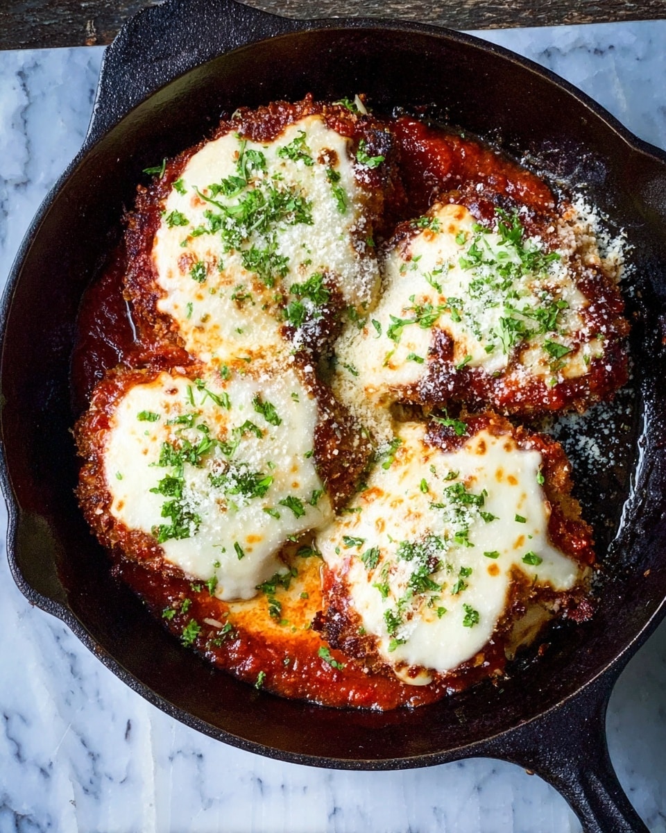 A black cast iron pan holds four large pieces of fried chicken layered with red tomato sauce and thick, melted white cheese on top. The cheese is gently browned in some spots and sprinkled with finely chopped green herbs and grated cheese. The pan sits on a white marbled surface showing slight wear and textured marks. photo taken with an iphone --ar 4:5 --v 7