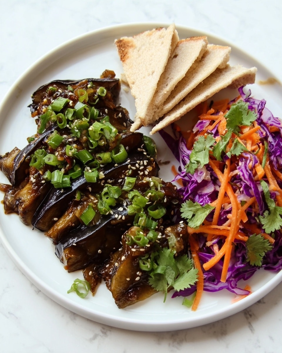 The dish shows three main parts placed on a white plate on a white marble surface. On the left side, there are pieces of dark brown eggplant with a shiny texture, topped with green chopped scallions and small white sesame seeds. The eggplant looks soft and glazy. In the middle, there are thin triangular pieces of light beige bread, arranged in a small stack. On the right side, there is a colorful mix of shredded bright purple cabbage, thin strips of orange carrot, and green cilantro leaves scattered on top, adding fresh, bright colors. The whole dish is arranged neatly and looks fresh and inviting. photo taken with an iphone --ar 4:5 --v 7