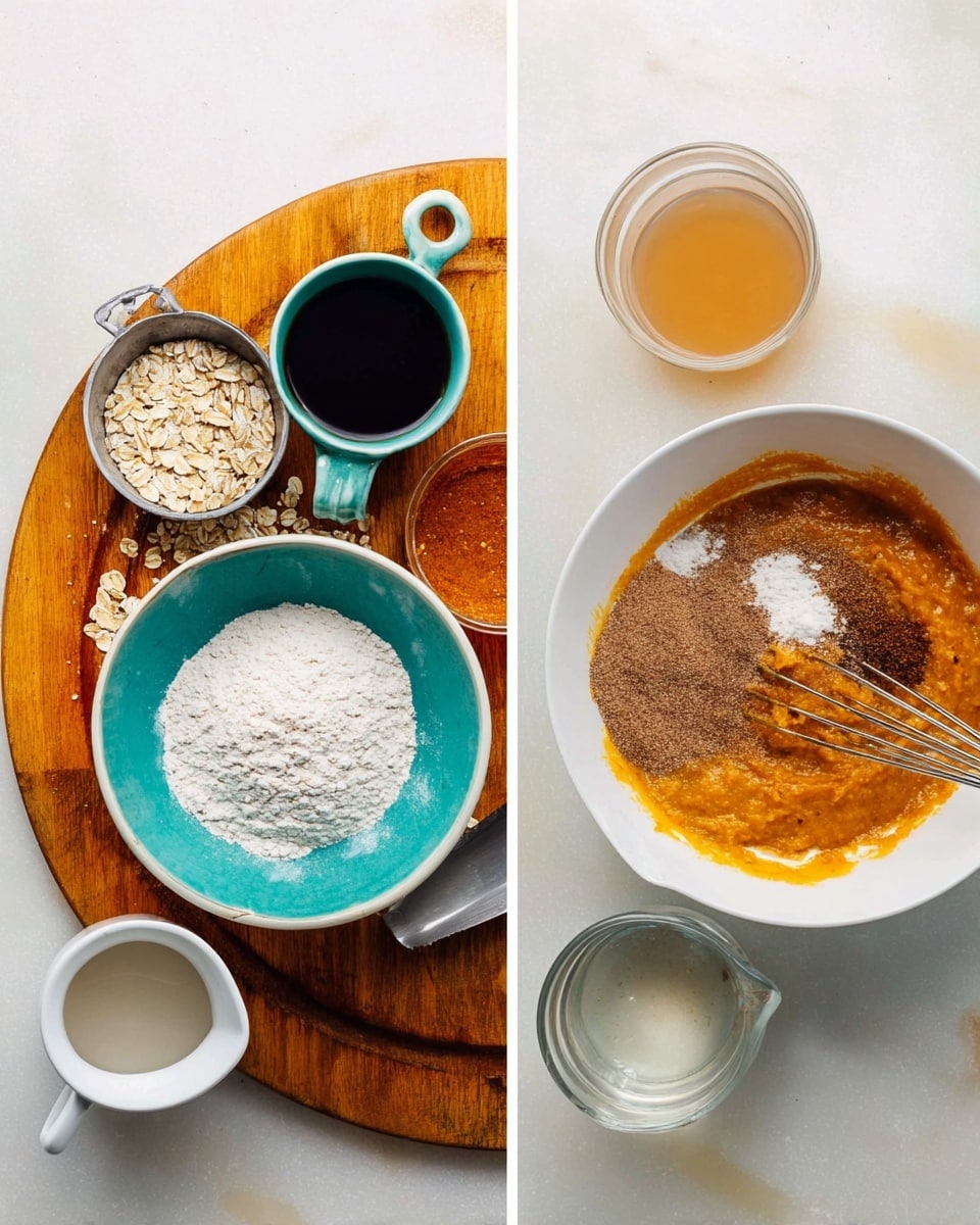 The image shows two side-by-side photos on a white marbled surface. On the left, a round wooden board holds measuring cups and a bowl: a turquoise bowl filled with white flour sits in the center, a metal cup with orange mash and another with light brown oats are arranged around it, along with a small teal cup of dark liquid, a white jug with dark liquid, and a glass of light liquid. On the right, a white bowl contains layers of orange mash, brown powder, and light liquid being mixed with a metal whisk. The bowl is positioned slightly to the right against the white marbled background. Photo taken with an iphone --ar 4:5 --v 7