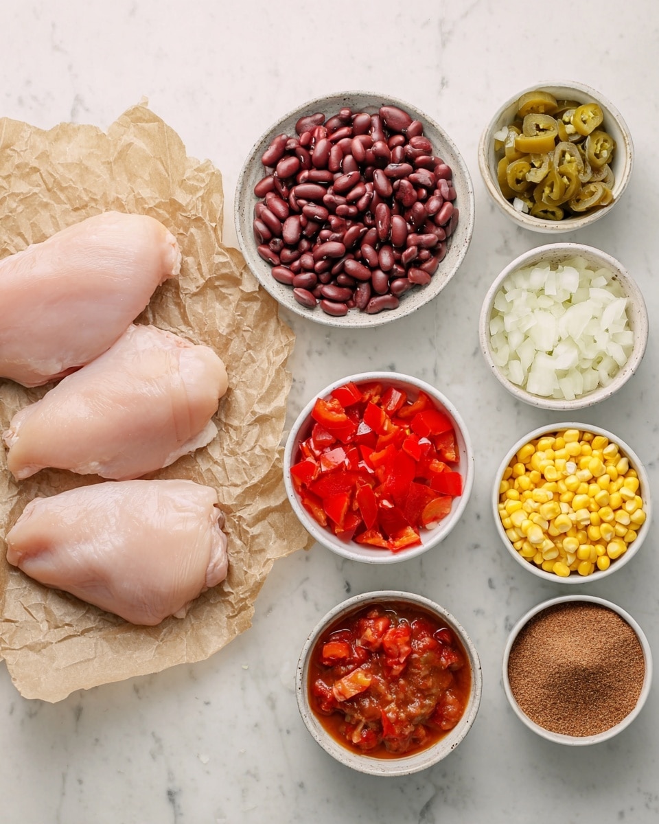 The image shows several ingredients arranged neatly on a white marbled surface. On the left, three pieces of raw skinless chicken lie on crumpled brown parchment paper, pale pink and smooth in texture. To the right, there are seven small white bowls, each filled with different ingredients: dark reddish-brown beans with a glossy finish, finely chopped white onion, bright red diced tomatoes, pickled green chili pieces, a pile of brown chili powder with a powdery texture, vibrant yellow corn kernels, and juicy red tomato chunks in a thick sauce. The arrangement is clean, organized, and colorful. Photo taken with an iphone --ar 4:5 --v 7