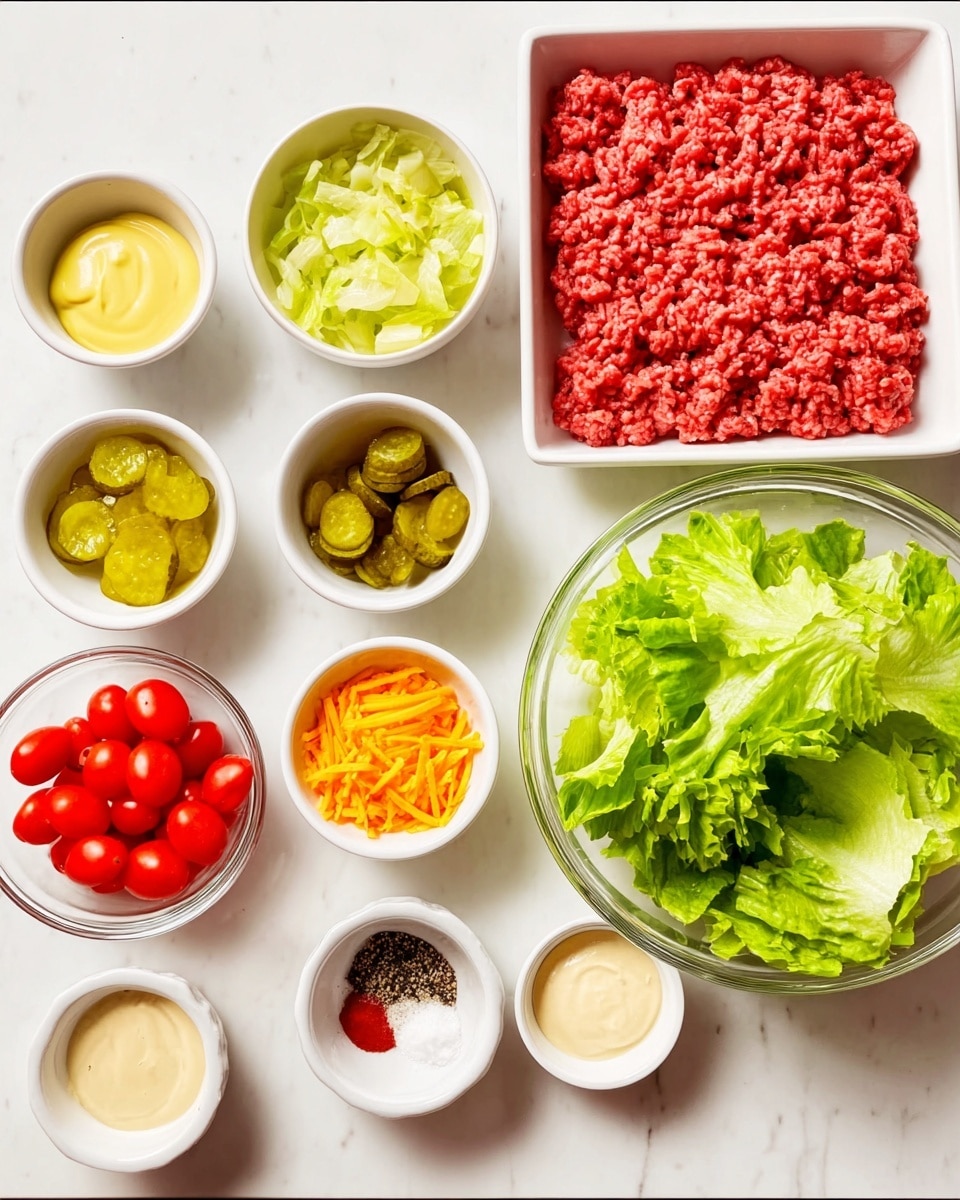 The image shows a flat white marbled surface with several round white bowls arranged neatly around a rectangular tray of bright red raw ground meat. At the top right, there is a clear glass bowl filled with fresh green lettuce leaves with a crisp texture. Surrounding the meat tray, clockwise from the top left, are small white bowls containing smooth pale yellow mayo sauce, diced pickles with a slight greenish tinge, halved red cherry tomatoes, shredded orange cheddar cheese, bright yellow mustard, a dark red spice, a small bowl of white salt and black pepper, and a tiny bowl of creamy beige mayo. The bowls vary in size but keep a clean, simple look. photo taken with an iphone --ar 4:5 --v 7