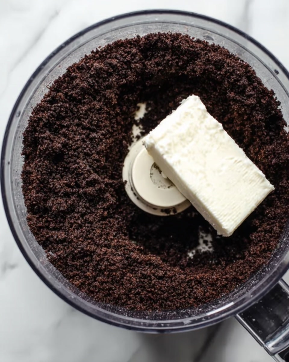 The image shows a close-up of a clear food processor bowl filled with finely crushed dark chocolate cookie crumbs evenly spread. On top of the crumbs lies a solid white rectangular block of cream cheese positioned diagonally. The food processor is set on a white marbled surface. Photo taken with an iphone --ar 4:5 --v 7
