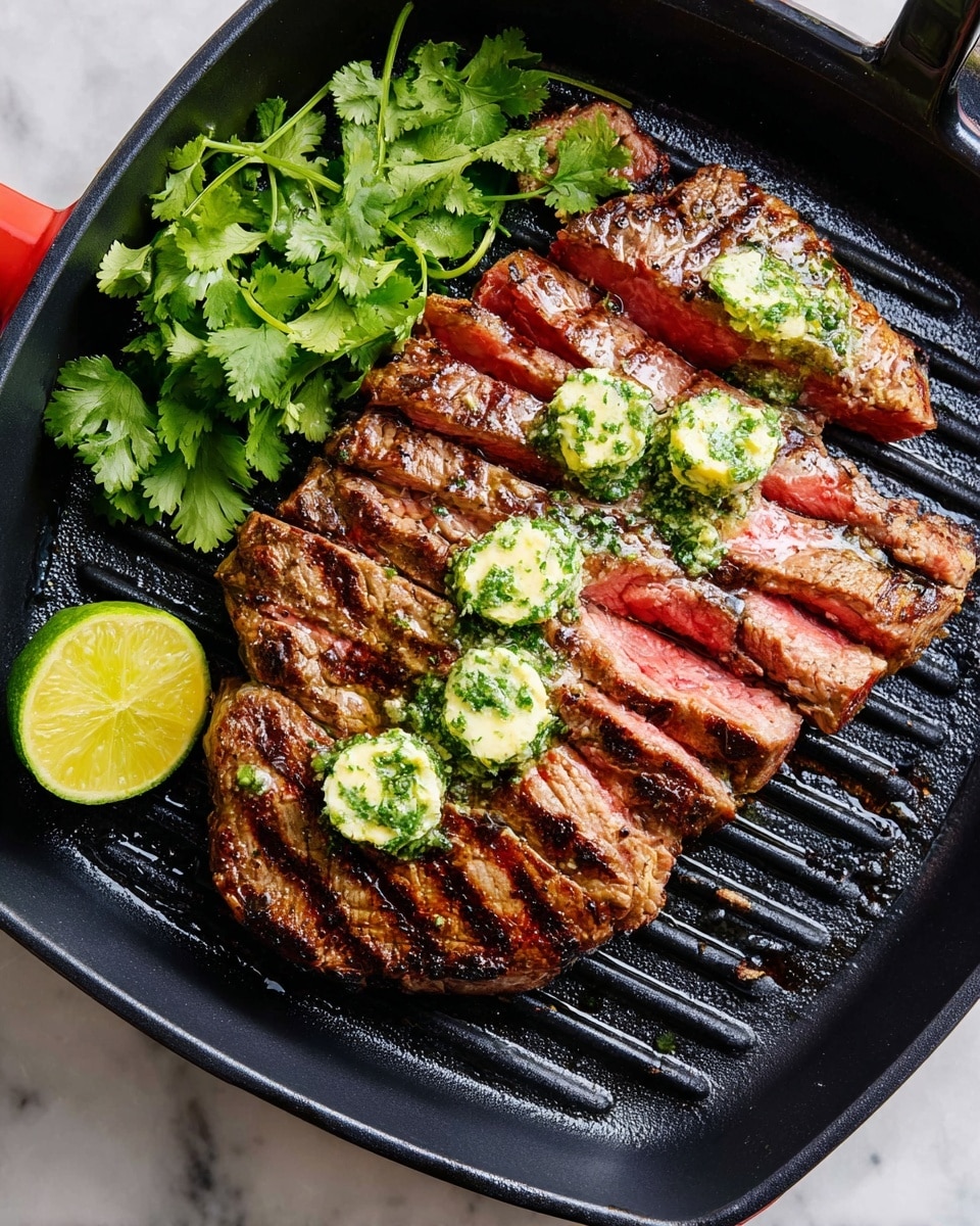 A black grill pan holds a sliced steak arranged in a single layer, showing a brown grilled outside with a pink middle. On top of the steak, there are six small dollops of pale green herb butter evenly placed along the center. Bright green cilantro sprigs are on the left side of the steak with two lime wedges nearby, and two more lime wedges are visible on the bottom right of the pan. Around the pan are scattered lime wedges, fresh cilantro, and a glass of amber-colored beer. The surface is a white marbled texture and a striped napkin lies partially under the pan. Photo taken with an iphone --ar 4:5 --v 7