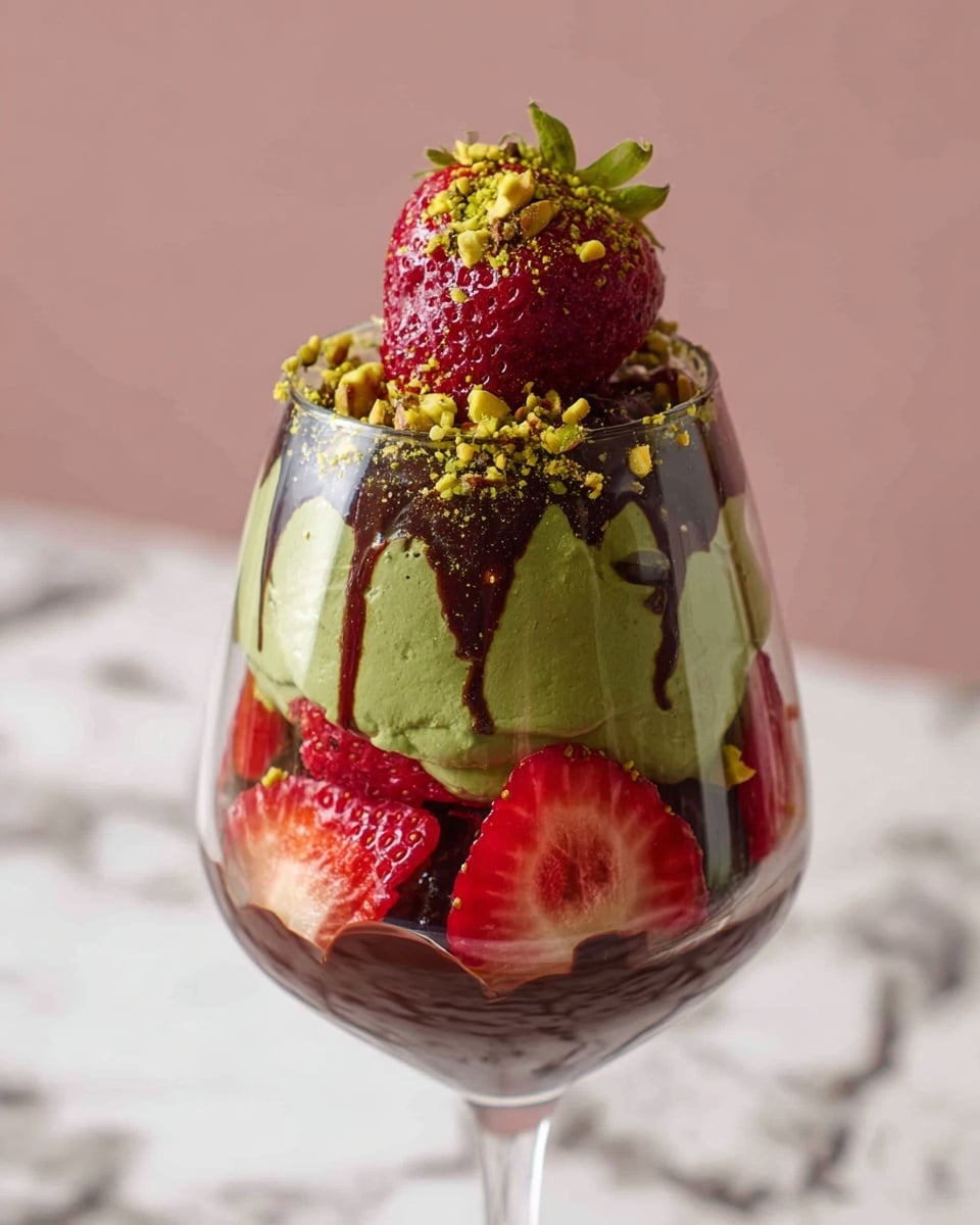 A clear glass filled with three visible layers: at the bottom, sliced red strawberries arranged around the glass edge with a few whole ones inside, above that a thick dark brown chocolate layer, and on top a textured green layer that looks like shredded pistachio or matcha cream. The dessert is topped with one whole strawberry covered in drizzled dark chocolate that runs down the glass in thick streaks. The background is soft pink with a white marbled surface below the glass. Photo taken with an iphone --ar 4:5 --v 7