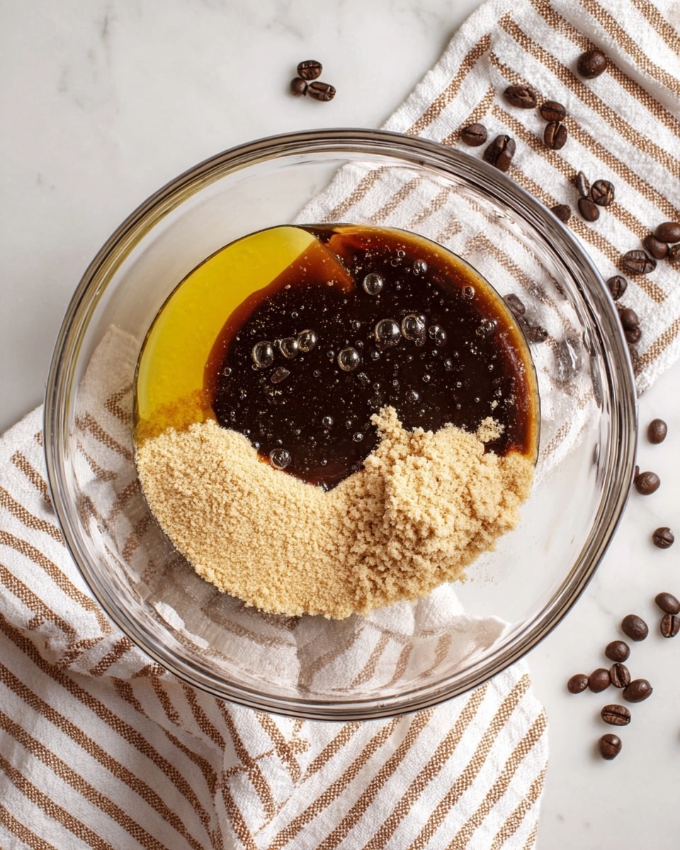 A clear glass mixing bowl contains three separate layers ready to be mixed: on the left is a small pool of melted golden butter, on the top right is a thick dark brown syrup or sauce with visible tiny bubbles, and on the bottom right is a mound of fine light beige dry crumbs. The bowl sits on a white marbled surface with a white and brown striped kitchen cloth beneath it. Around the bowl, dark brown coffee beans are scattered randomly. The photo is taken from above, showing the full bowl and some of the surrounding surface photo taken with an iphone --ar 4:5 --v 7