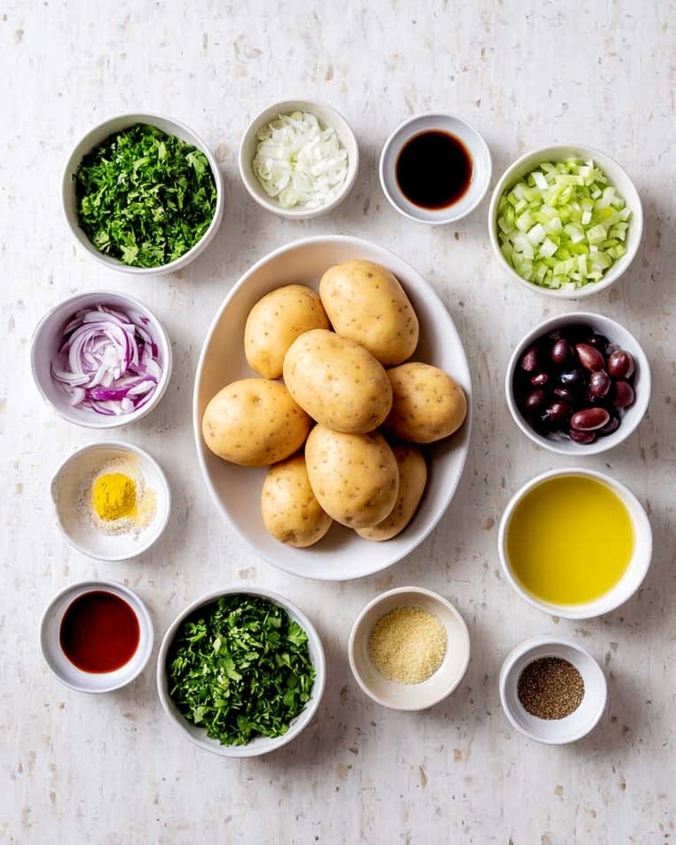 A total of twelve white bowls and one white plate are arranged on a white marbled surface. The large white plate in the center holds seven light brown potatoes with smooth skin. Around it, the bowls contain various ingredients: green chopped herbs, finely chopped red onions in small pieces, sliced green onions, chopped fresh parsley, dark brown sliced olives, minced garlic, mixed black pepper, white salt, yellow mustard, dried oregano, a dark red liquid sauce, and a yellow oil-based sauce. Each bowl and plate is distinct, clean, and shows the colors and textures of the ingredients clearly. photo taken with an iphone --ar 4:5 --v 7