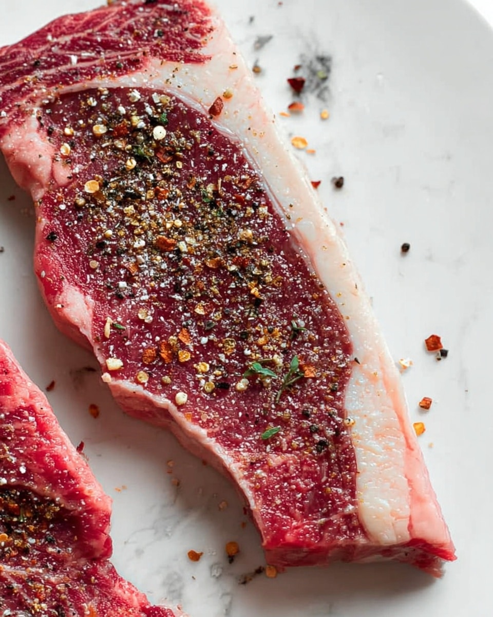 The image shows a close-up of one raw steak lying on a white plate. The steak is thick and marbled with fat, with a large strip of white fat along one side. The surface of the meat has a mix of red and pink colors, and it is sprinkled with coarse black pepper, crushed chili flakes, and some green herbs. The plate rests on a white marbled surface, and part of another steak is partially visible on the left side. The photo taken with an iphone --ar 4:5 --v 7