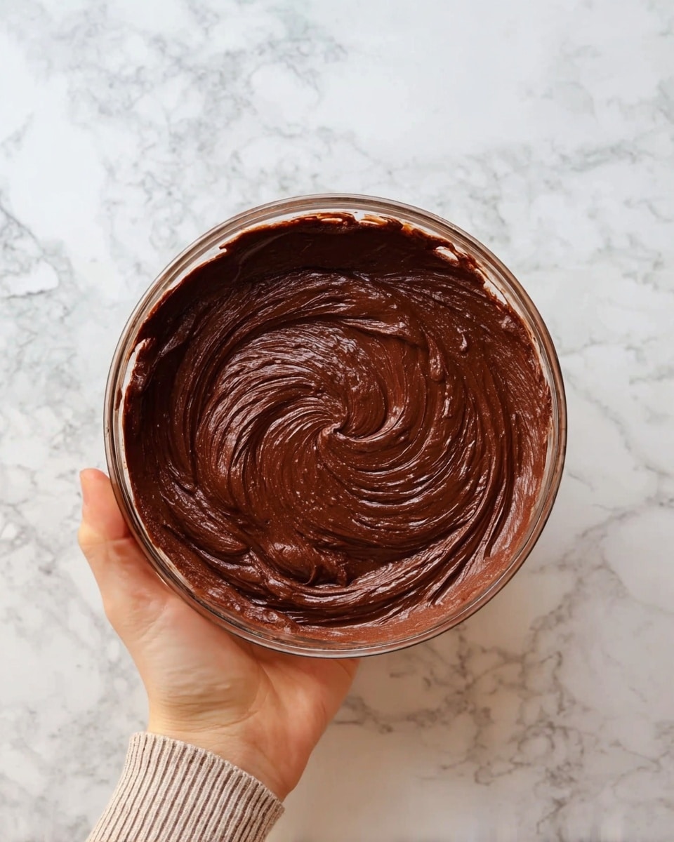 A clear glass bowl filled with smooth, rich dark brown chocolate batter with visible swirls on the surface showing the mix is fresh and creamy. The bowl is being held at the bottom by a woman's hand, against a white marbled texture background. photo taken with an iphone --ar 4:5 --v 7