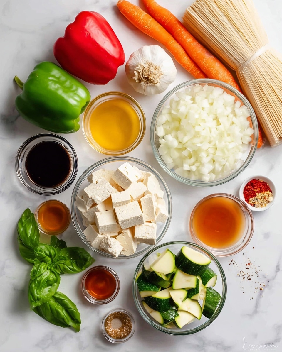 The image shows an overhead view of various fresh and prepared ingredients arranged neatly on a white marbled surface. There are green and red bell peppers on the left side, two whole carrots beneath them. In the center are two clear glass bowls, one filled with cubed tofu and the other with chopped zucchini. Above the tofu is a small bowl of sliced white onions, and to its left is a small bowl with a golden yellow liquid. A few fresh green basil leaves are placed near the top left. Small containers of dark soy sauce, light broth, clear honey-like syrup, and a small cup with a reddish-brown sauce are also present. A few cloves of garlic, a jar of ground ginger, and a scattering of red chili flakes complete the scene. A bundle of what appears to be dry rice noodles is placed at the top right corner. Photo taken with an iphone --ar 4:5 --v 7