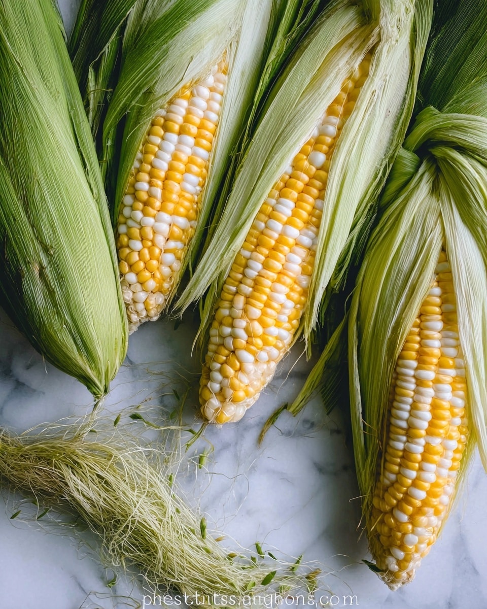 The image shows three ears of corn with green husks partially peeled back, revealing bright yellow and white kernels arranged in neat rows. The corn is placed on a white marbled surface, with some loose corn silk strands lying at the bottom left corner. The husks have a mix of light and dark green shades, adding texture and contrast to the smooth, shiny kernels. The scene is close-up, focusing on the natural colors and fresh look of the corn. photo taken with an iphone --ar 4:5 --v 7