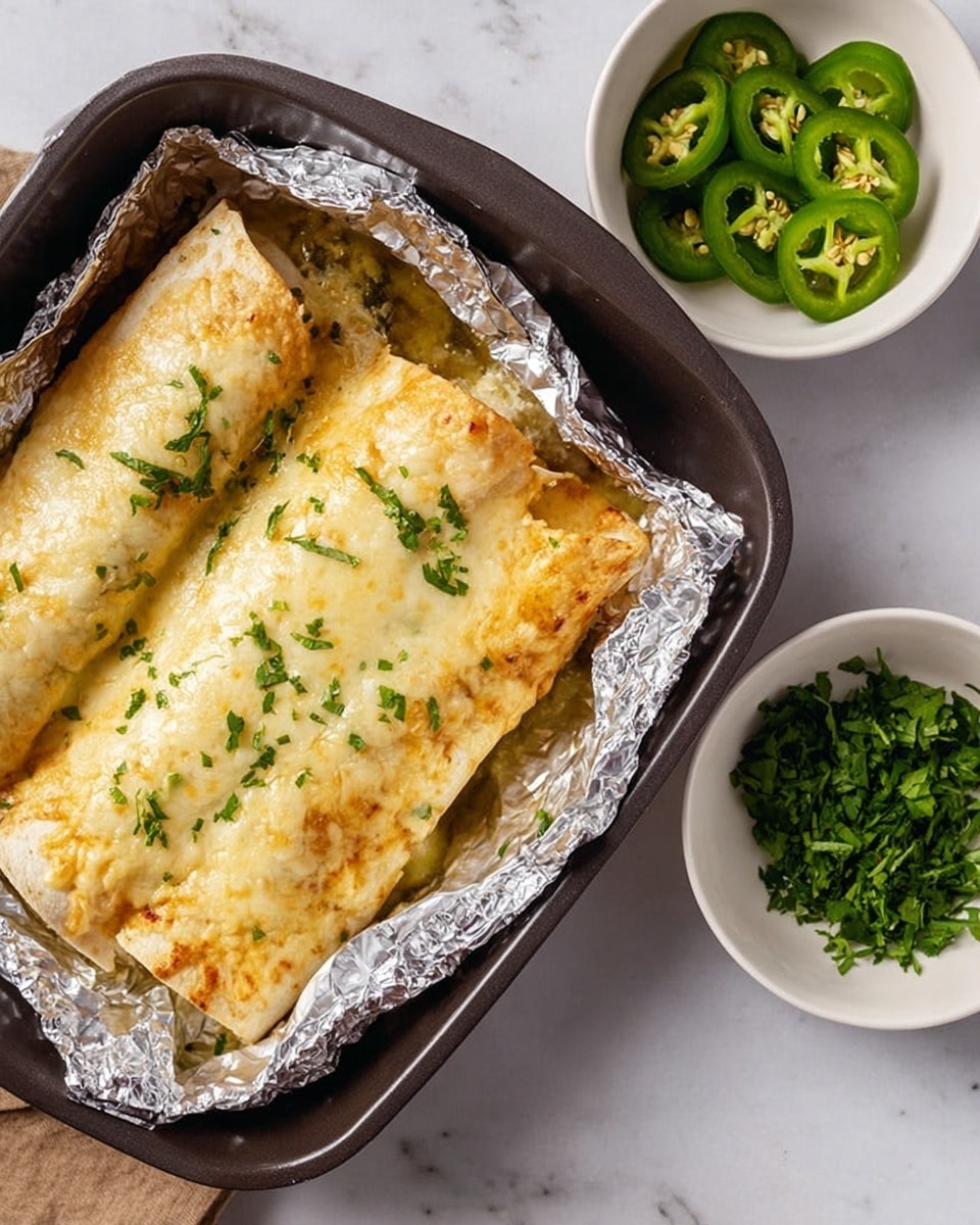 The image shows two rolled enchiladas covered in melted cheese with a light golden color, placed inside a dark baking dish lined partially with foil. The baking dish sits on a white marbled surface. Next to the dish, there are two small white bowls: one filled with sliced green jalapeños and the other with fresh chopped green herbs. The layers include the soft tortilla wrap underneath, a creamy sauce beneath, and the cheese layer on top, which has a melted, slightly bubbly texture. Photo taken with an iphone --ar 4:5 --v 7