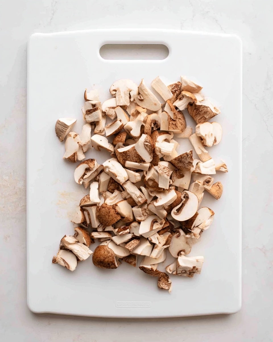 A white cutting board set on a white marbled surface holds many small pieces of sliced mushrooms. The mushrooms are light brown with creamy white inside, showing their soft texture. They are cut into uneven small chunks, spread over the board with some pieces grouped together and others slightly apart. The board has a handle cutout on the left side, adding a bit of shape to the overall simple, clean view. Photo taken with an iphone --ar 4:5 --v 7