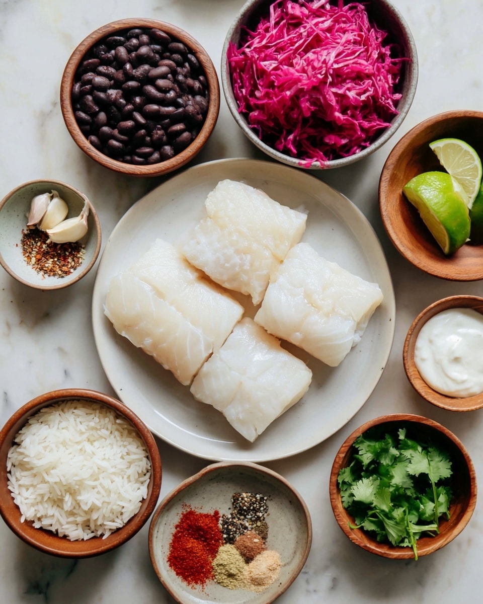 The image shows a white plate with three pieces of raw white fish fillets placed neatly in the center. Surrounding the plate are various small wooden and white bowls arranged on a white marbled surface. The bowls contain different ingredients: one has black beans, another bright pink shredded cabbage, there are lime wedges in a bowl, chopped garlic in a small white bowl, fresh green cilantro leaves in a white bowl, a bowl with a mix of spices (red, white, and brown powders), uncooked white rice in a wooden bowl, and a small bowl with a dollop of white cream or cheese. A woman's hand is gently touching one of the bowls with spices. The scene is bright and well-lit, creating a clean and fresh look. photo taken with an iphone --ar 4:5 --v 7